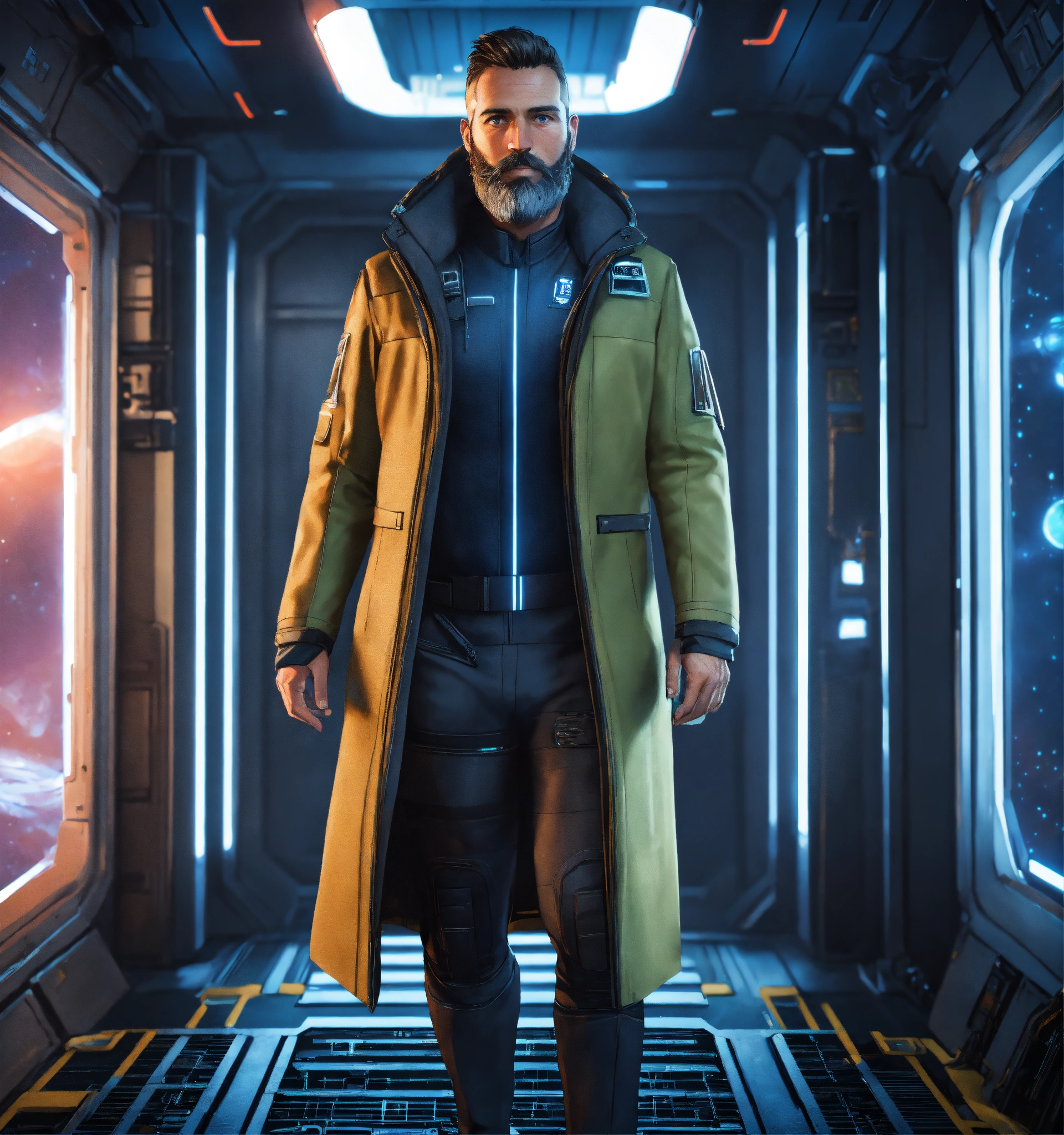 Lexica - A 45 year old masculine man with trim beard in futuristic long ...