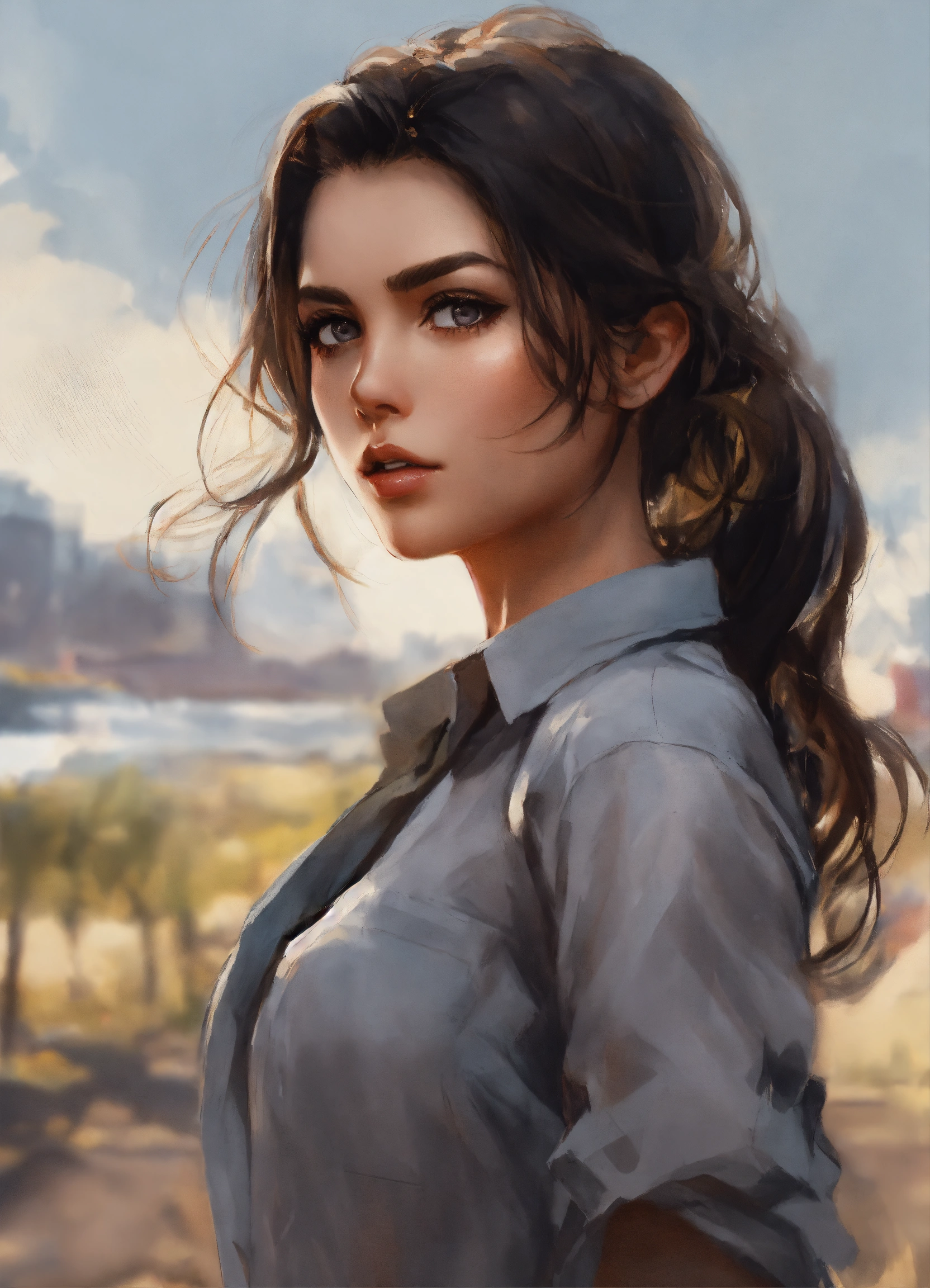 Lexica - Portrait draw beautiful girl dark hair, gray eyes, open Shirt ...