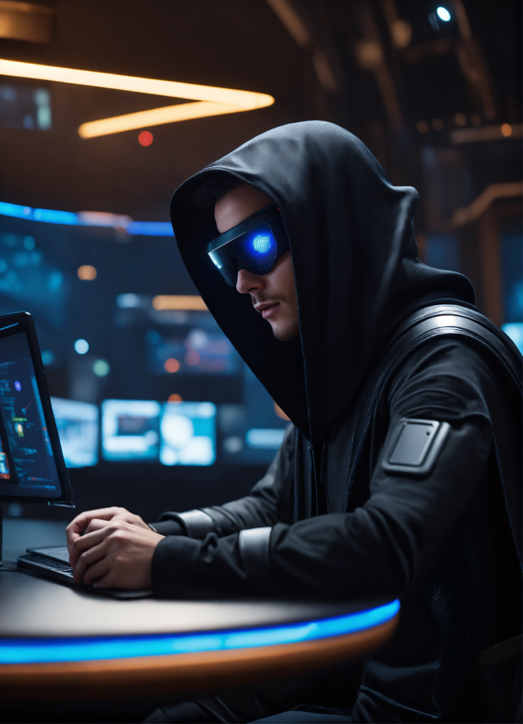 Lexica - Nerdy 25 year old male hacker wearing futuristic black cloak ...