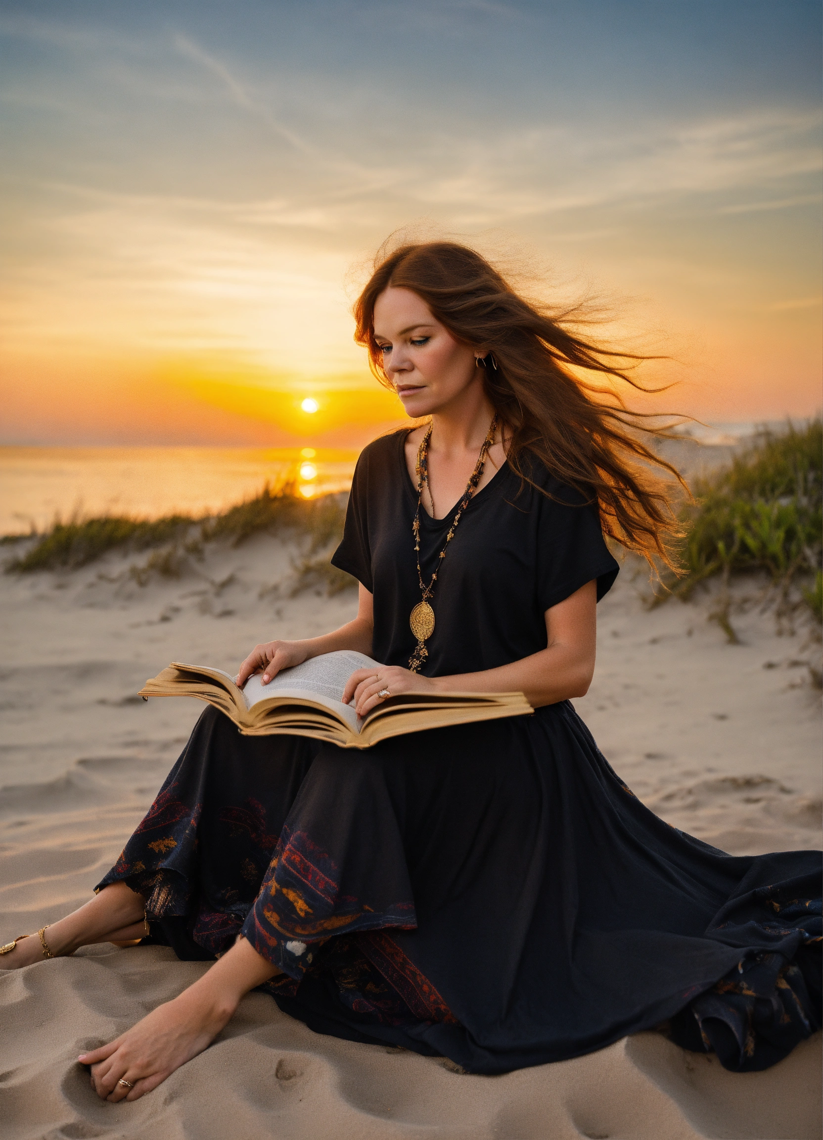 Lexica - Full body photo of one Janis Joplin similar model with long  beautiful hair, modeling plain blank black t-shirt, boho skirt, at golden  hour o...