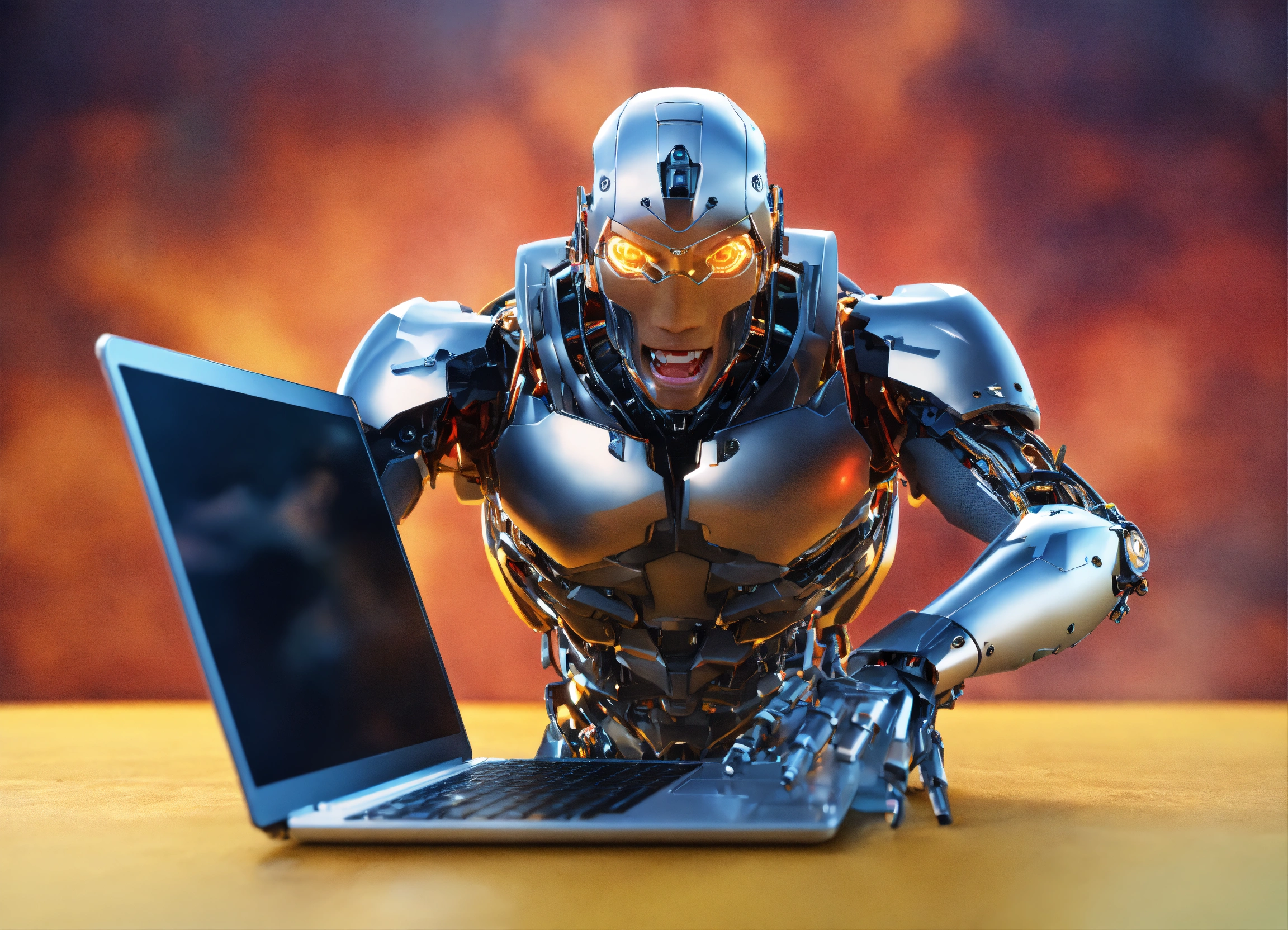 Lexica - Cyborg, 3d, come out of laptop screen, happy, screaming