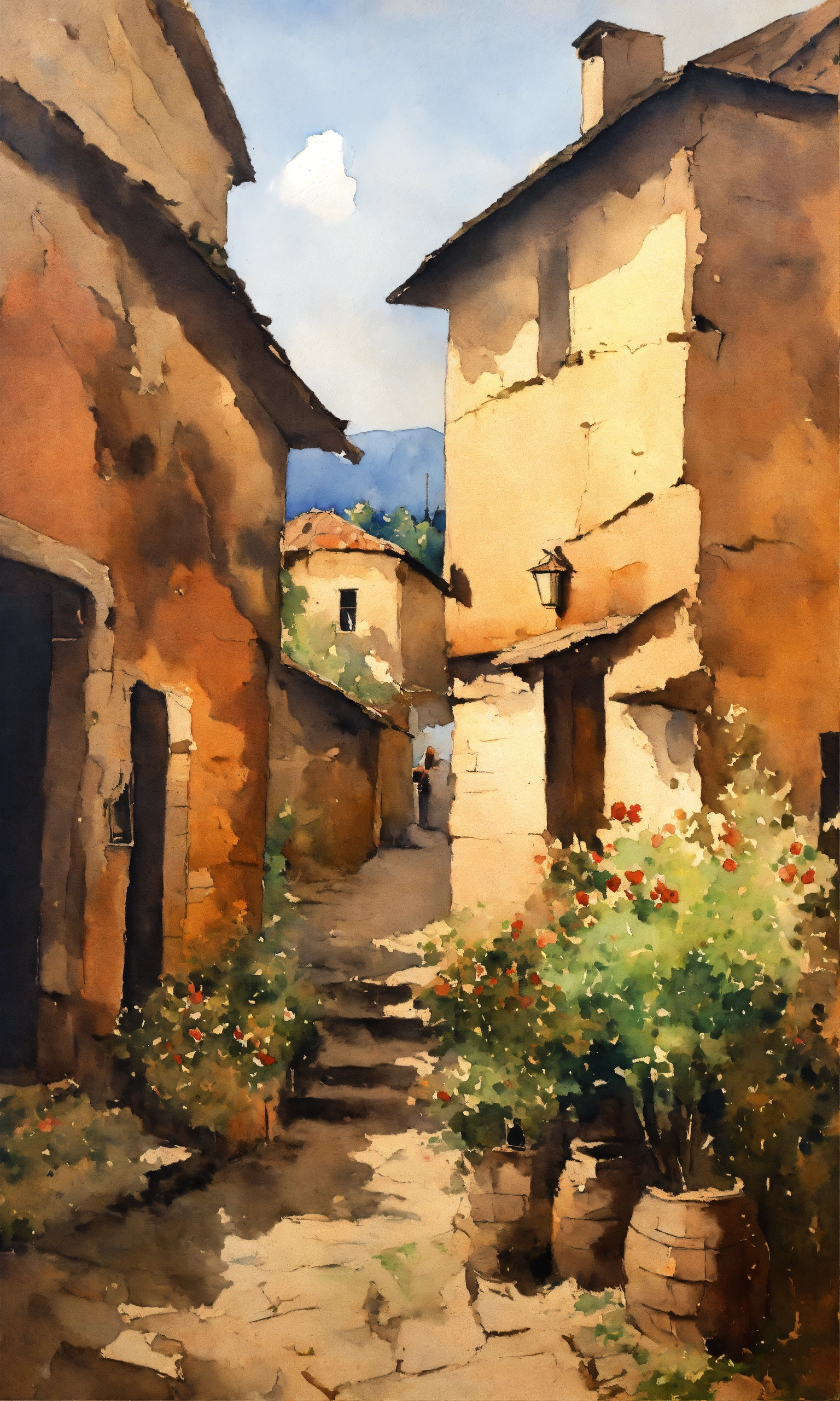 Lexica - Vintage oil watercolor worn and torn village painting and designs
