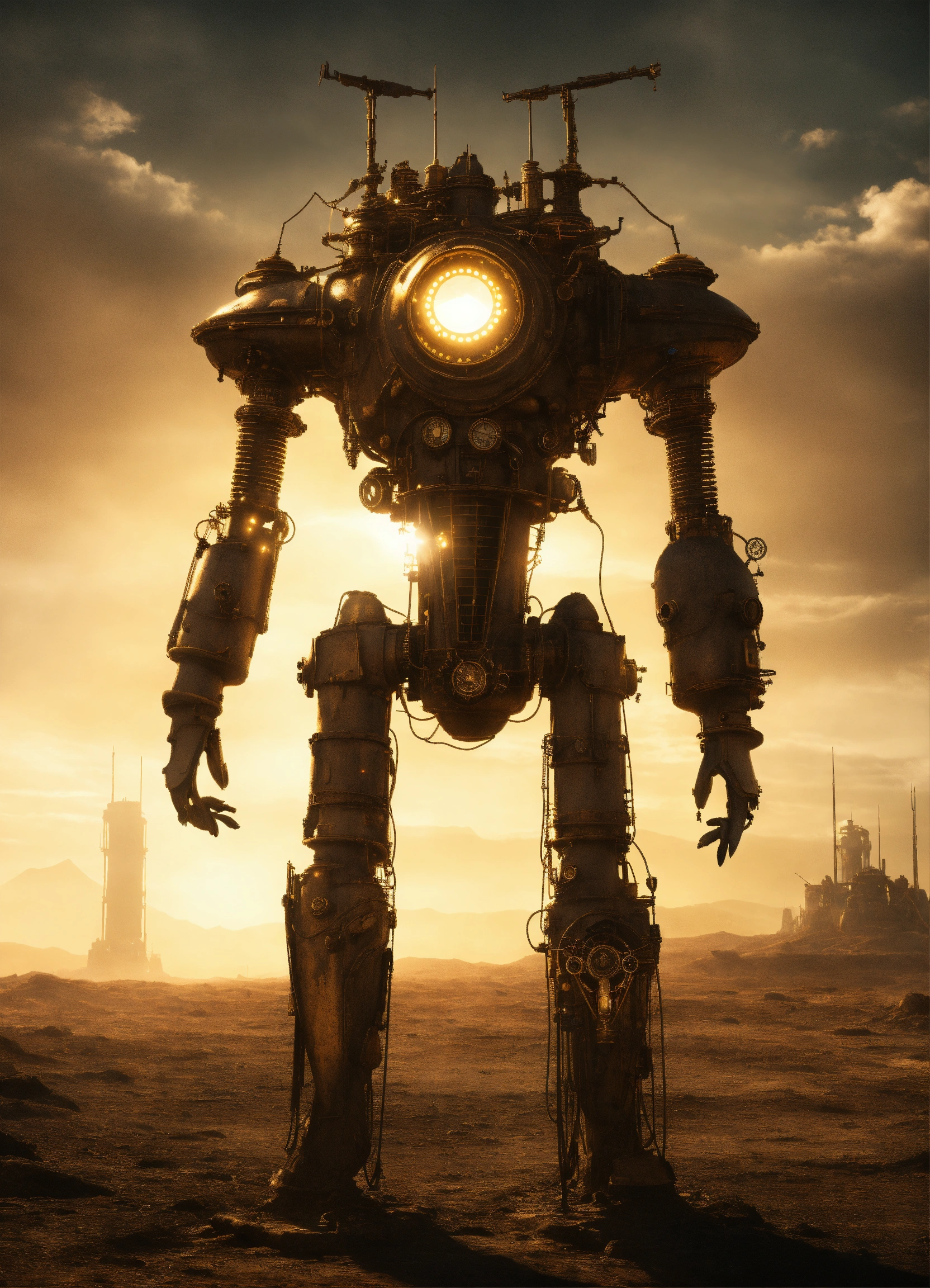 Lexica - A steampunk alien stands in a desolate wasteland illuminated ...