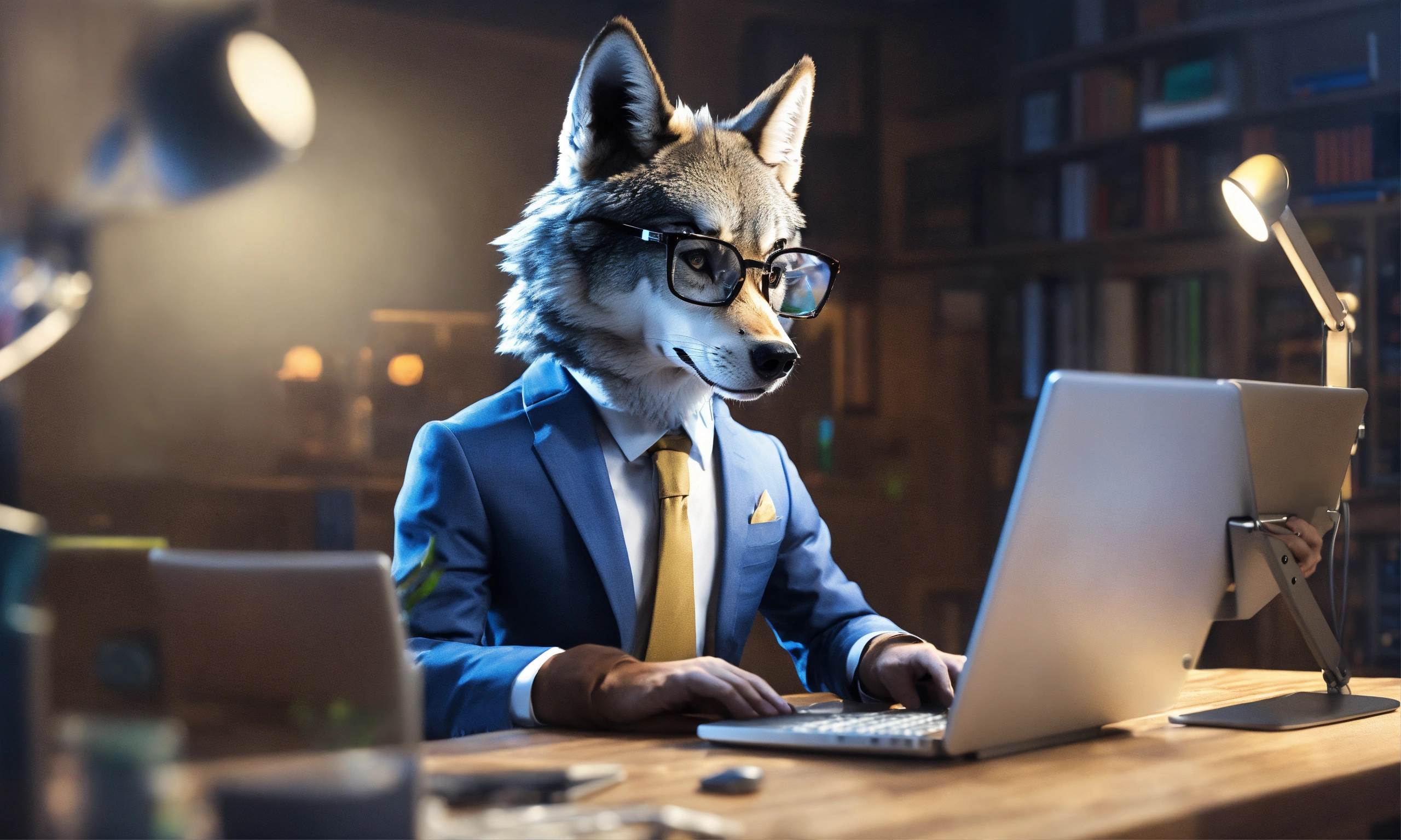 Lexica - A wolf wearing a suit with glasses coding on computer