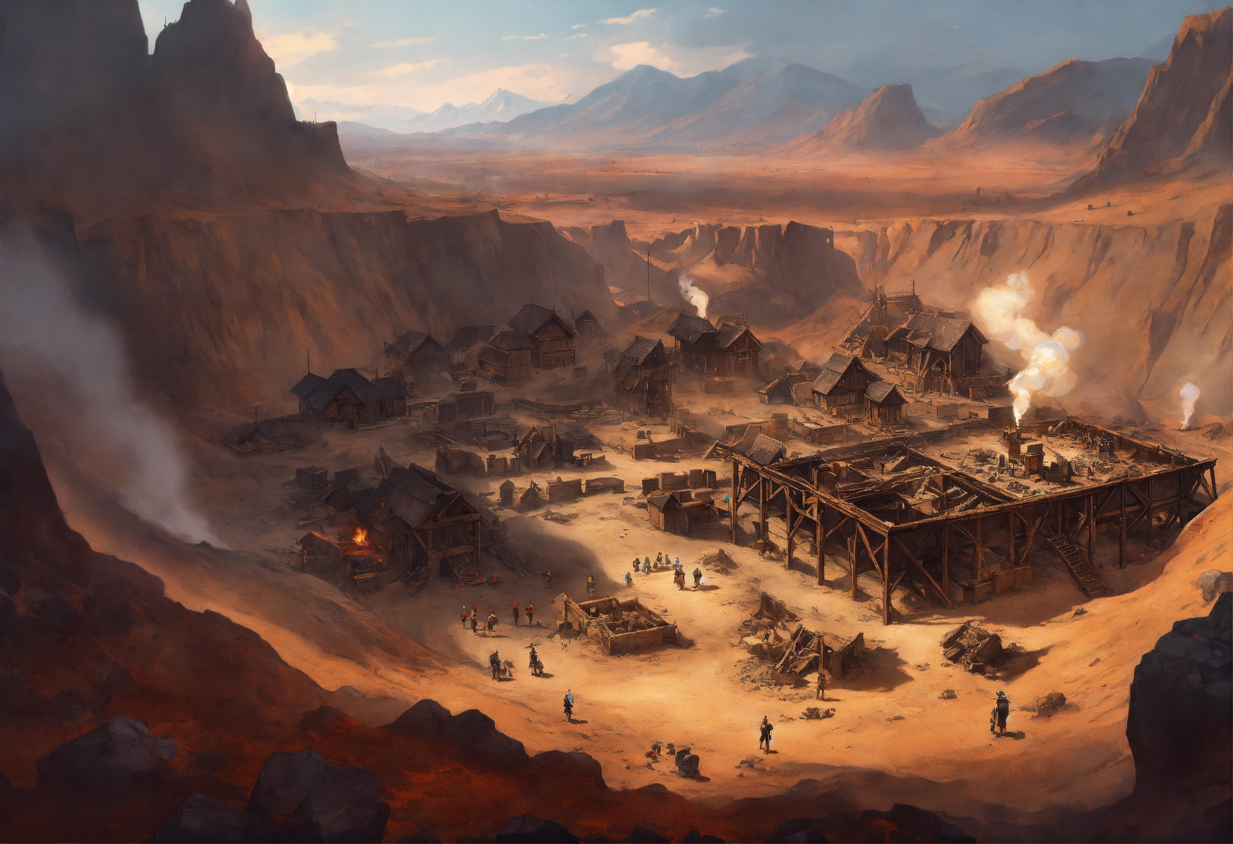Lexica - Dirty fantasy painting, huge area Mine in a desert from above ...
