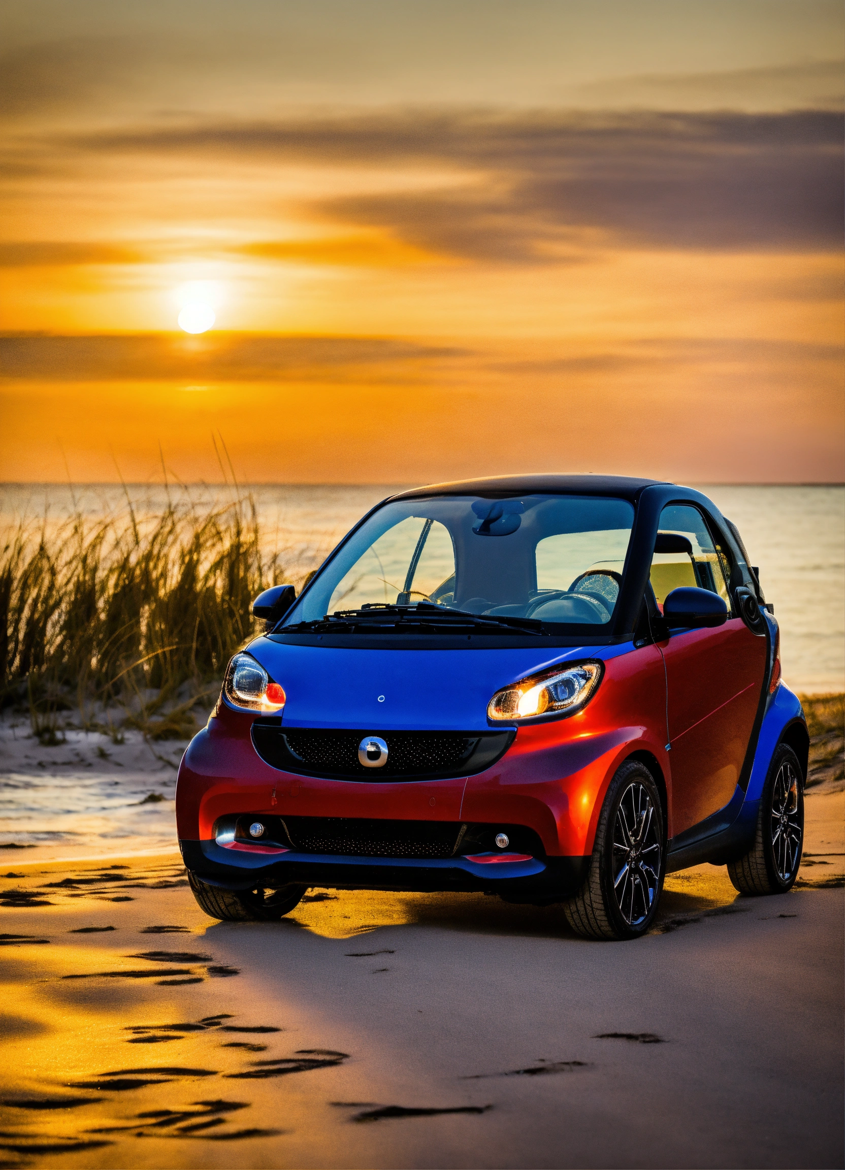 Lexica - Smart Car am Strand beim Sonnenuntergang.