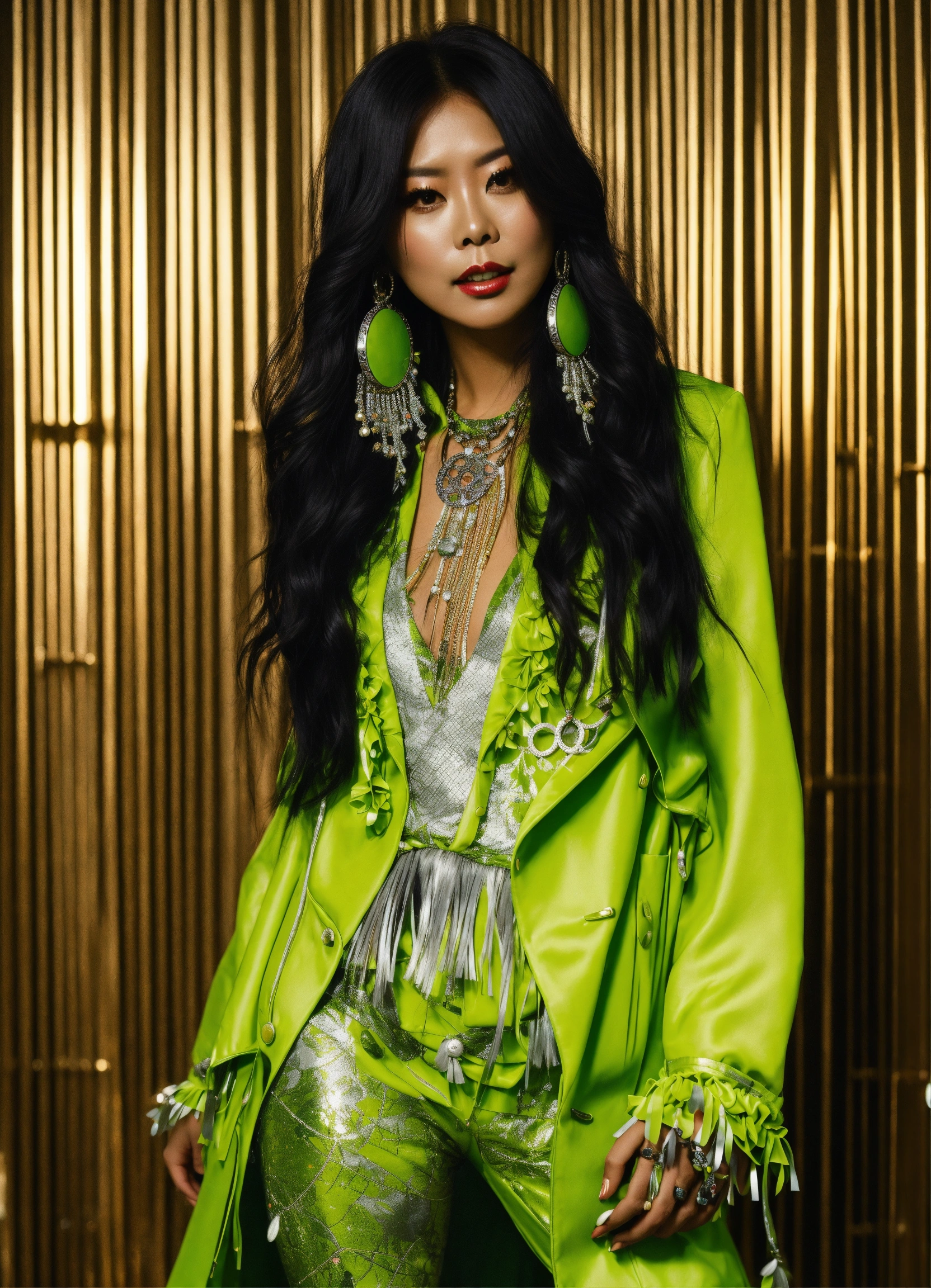 Lexica Dreamcatcher JiU glamorous lime green and silver outfit with funky prints high heels and long dark hair with fringe