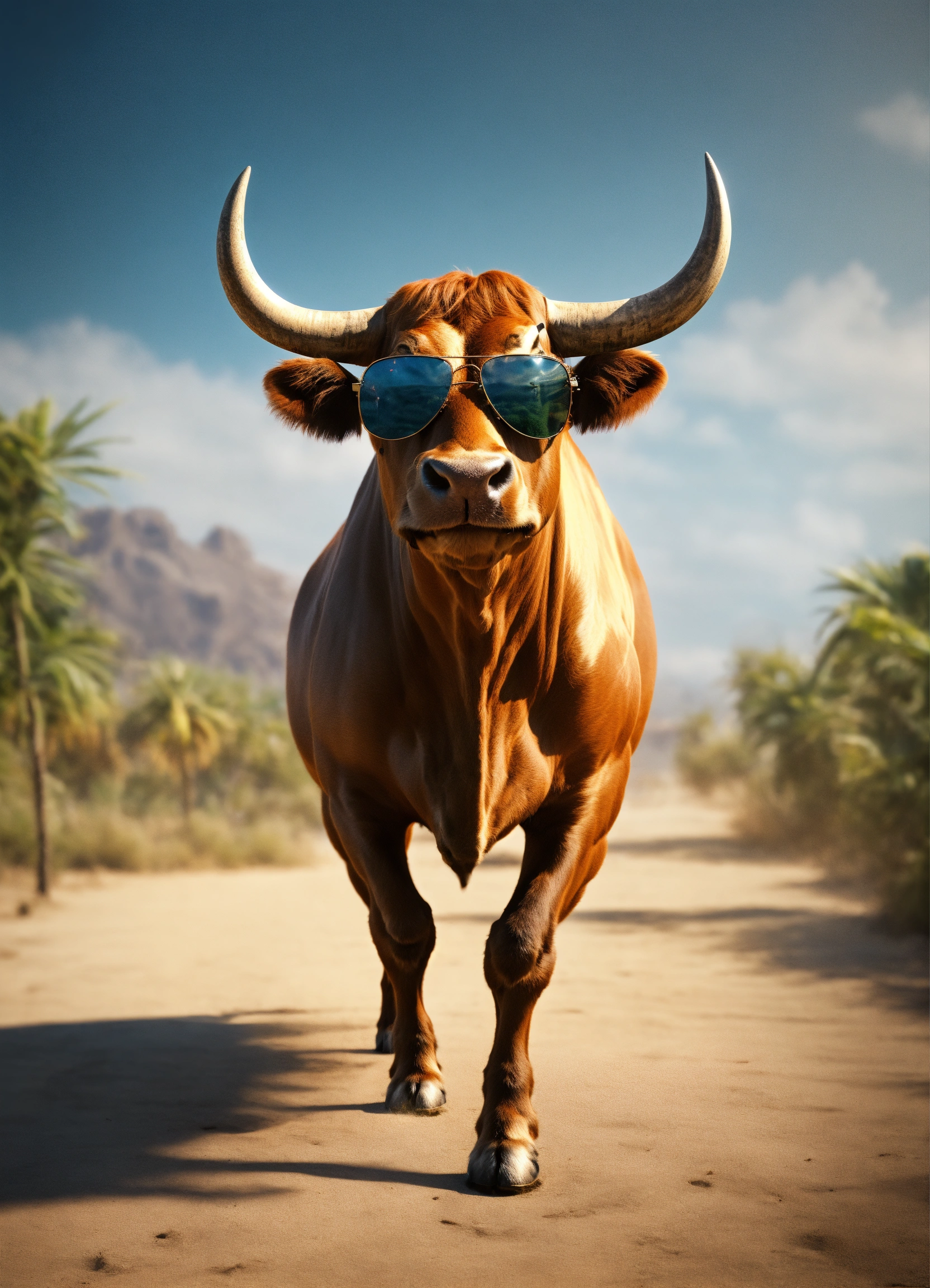 Lexica - Happy bull in sunglasses, front, 8k, realistic