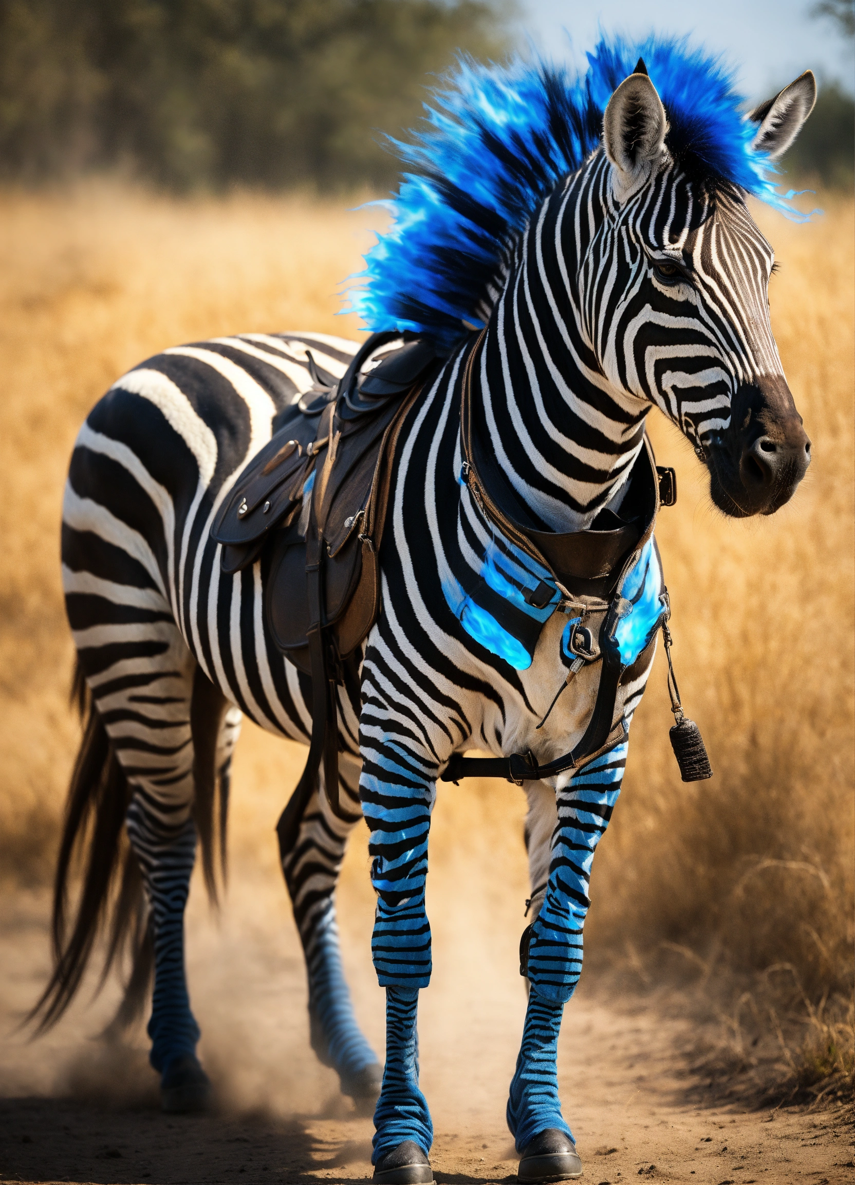Lexica - Zebra with riding gear, with a mane and tail of blue flame