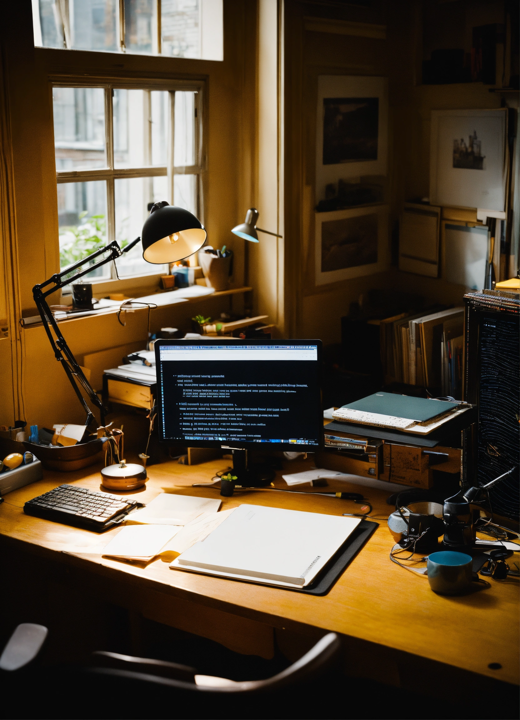 Lexica - A photo of a studio and desk, writing and computer, mix the ...
