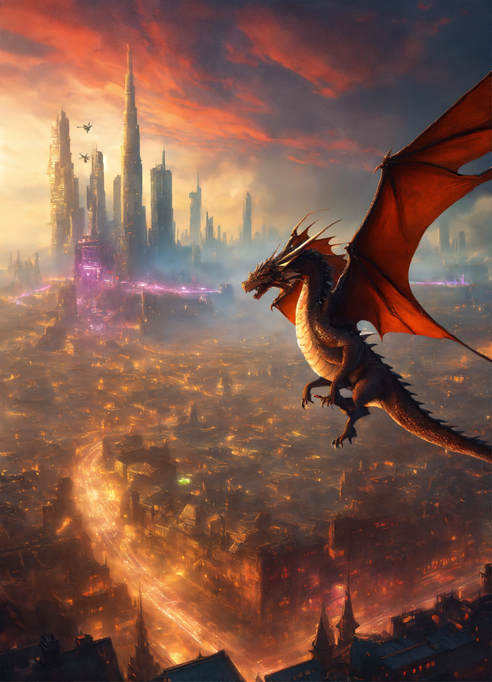 Lexica - A medieval dragon flying over a cyber punk city, huge ...