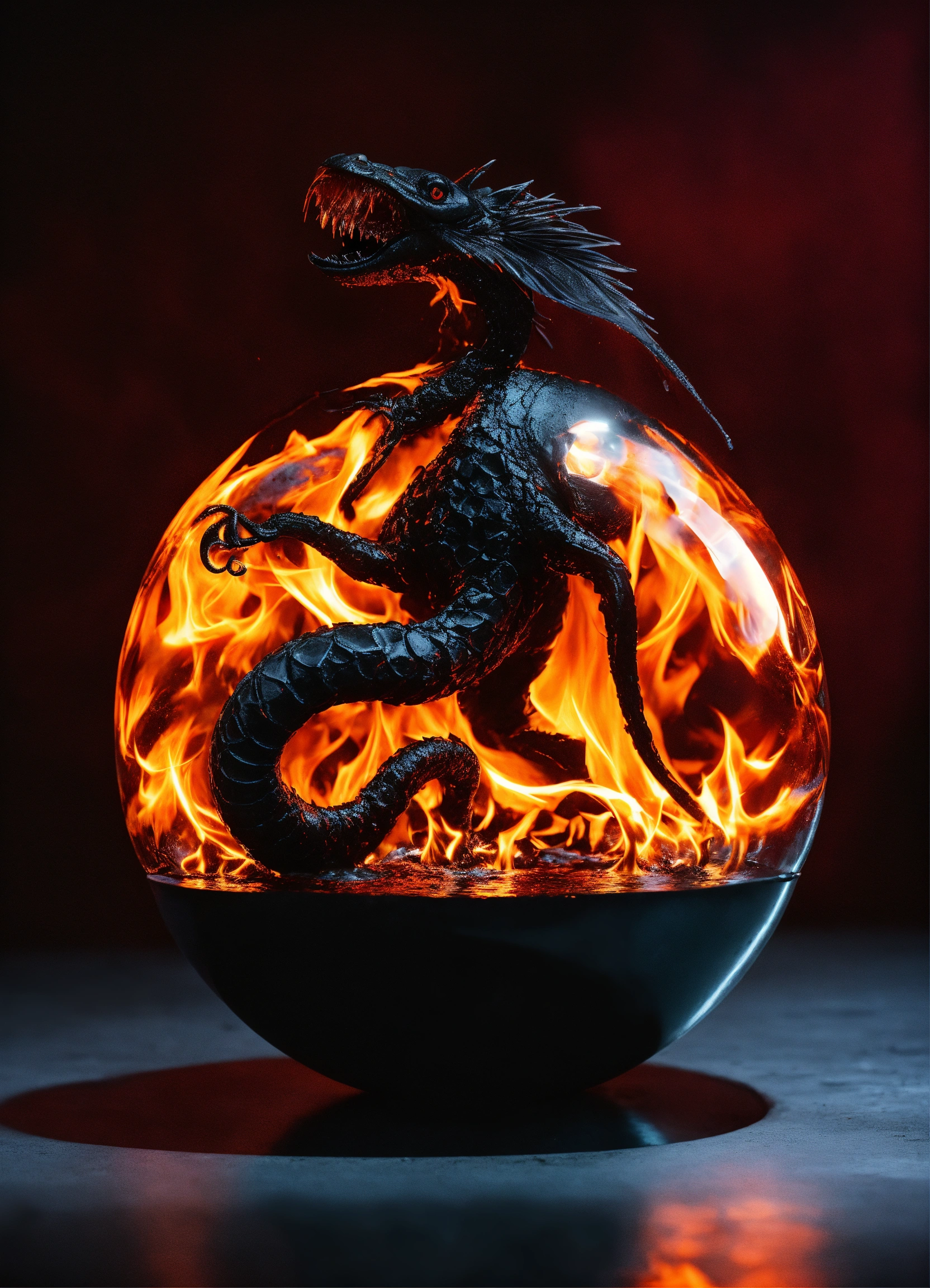 Lexica - Ball made in water, black, with a mith creature on fire in the ...