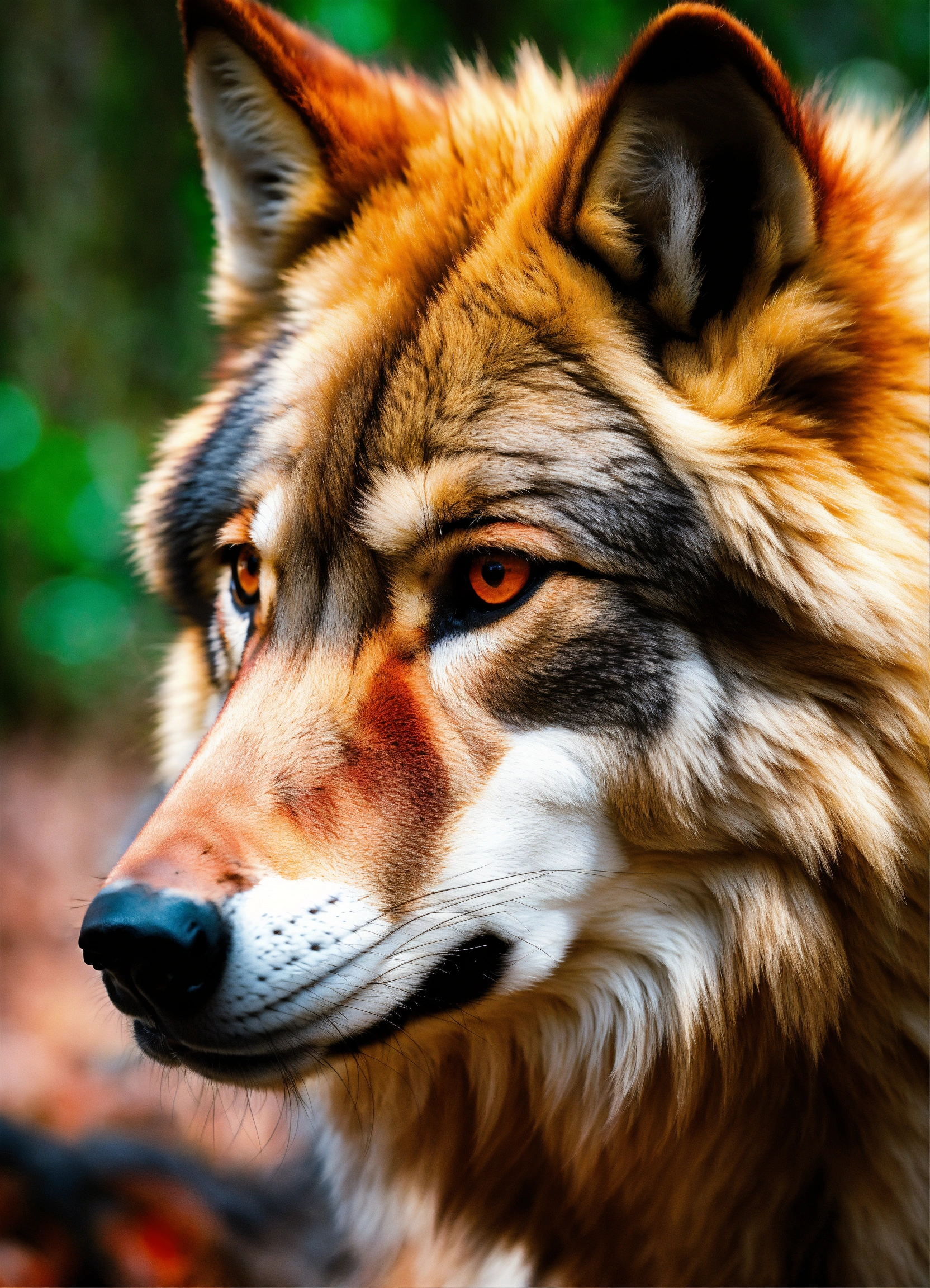 Lexica - Massive, red fur, wolf, in the woods, red eyes, up close