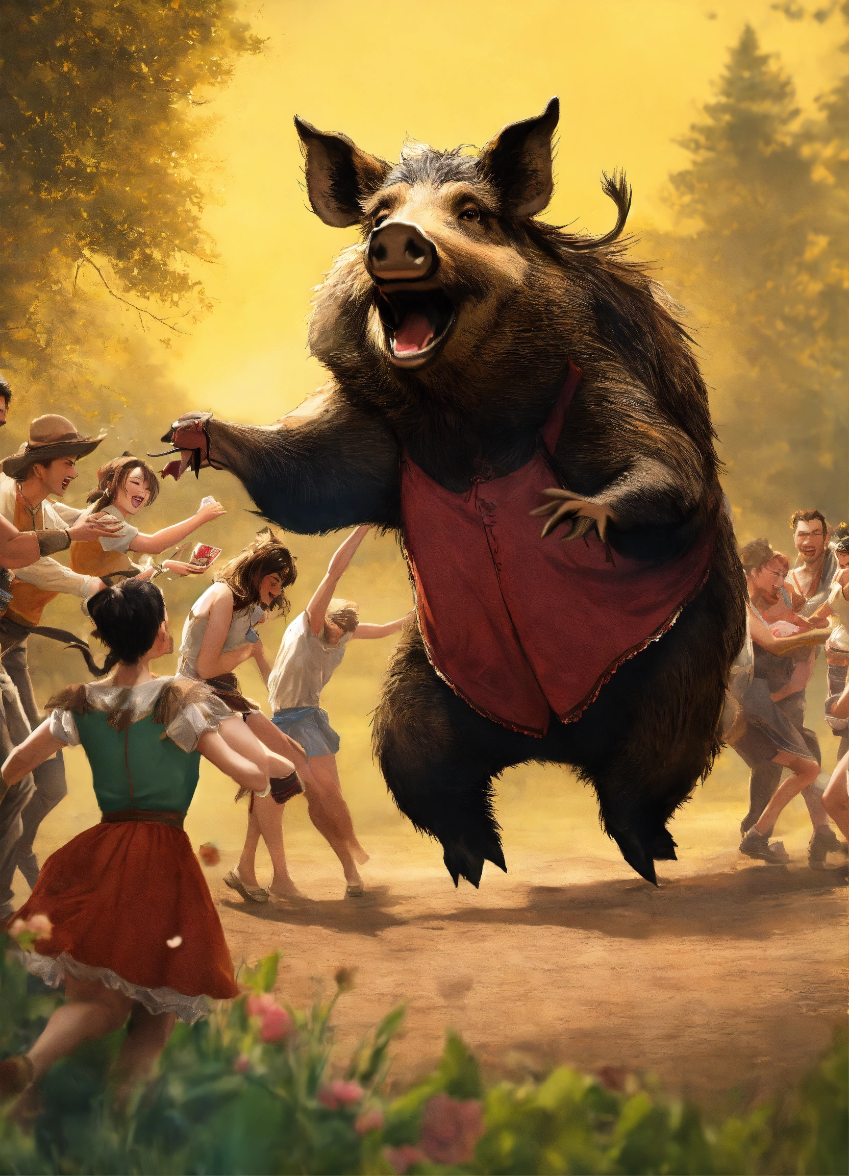 Lexica - Humoristic human wild boar dance with people of Friends