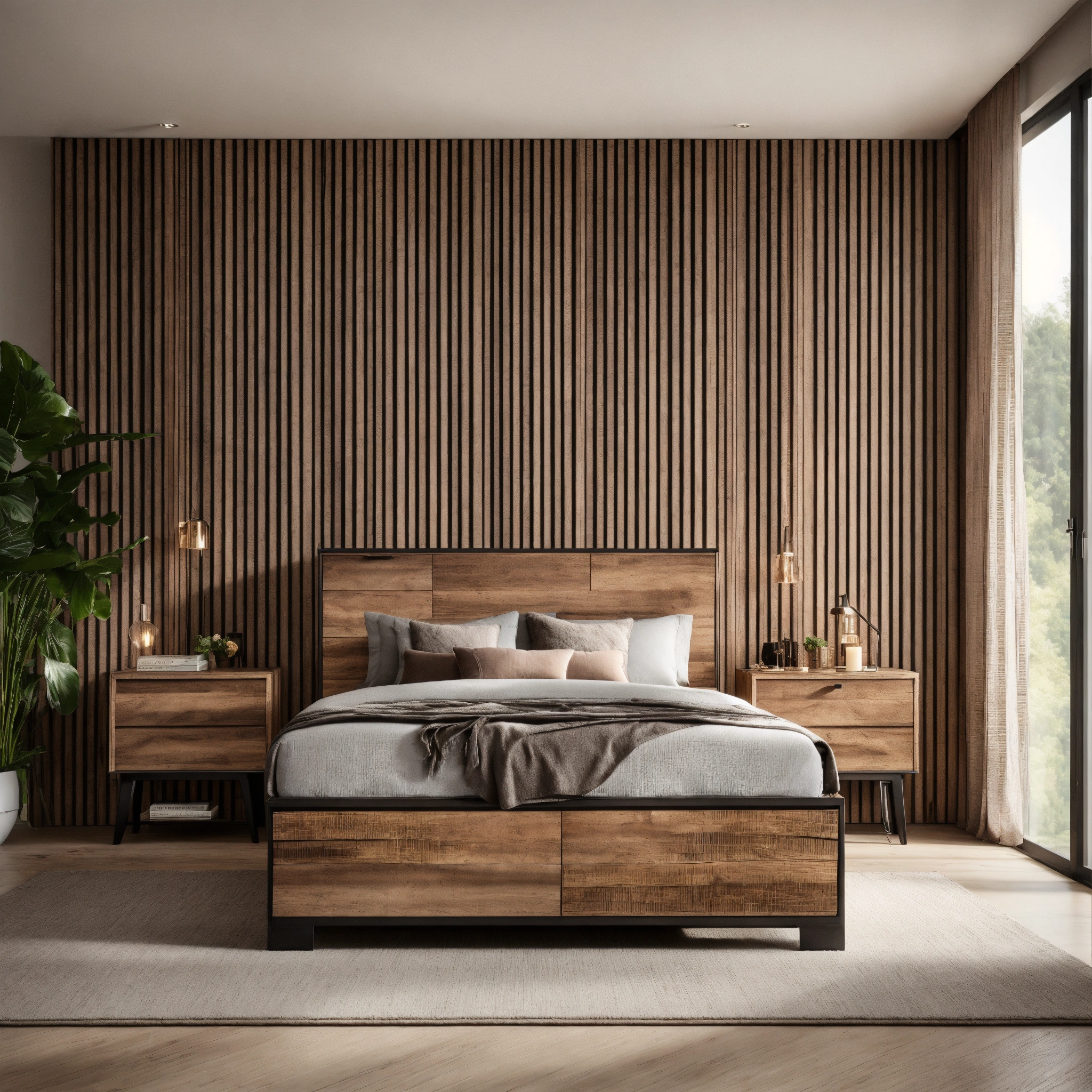 Lexica - A photo of a stylish bedroom set. The set includes a bed, a ...