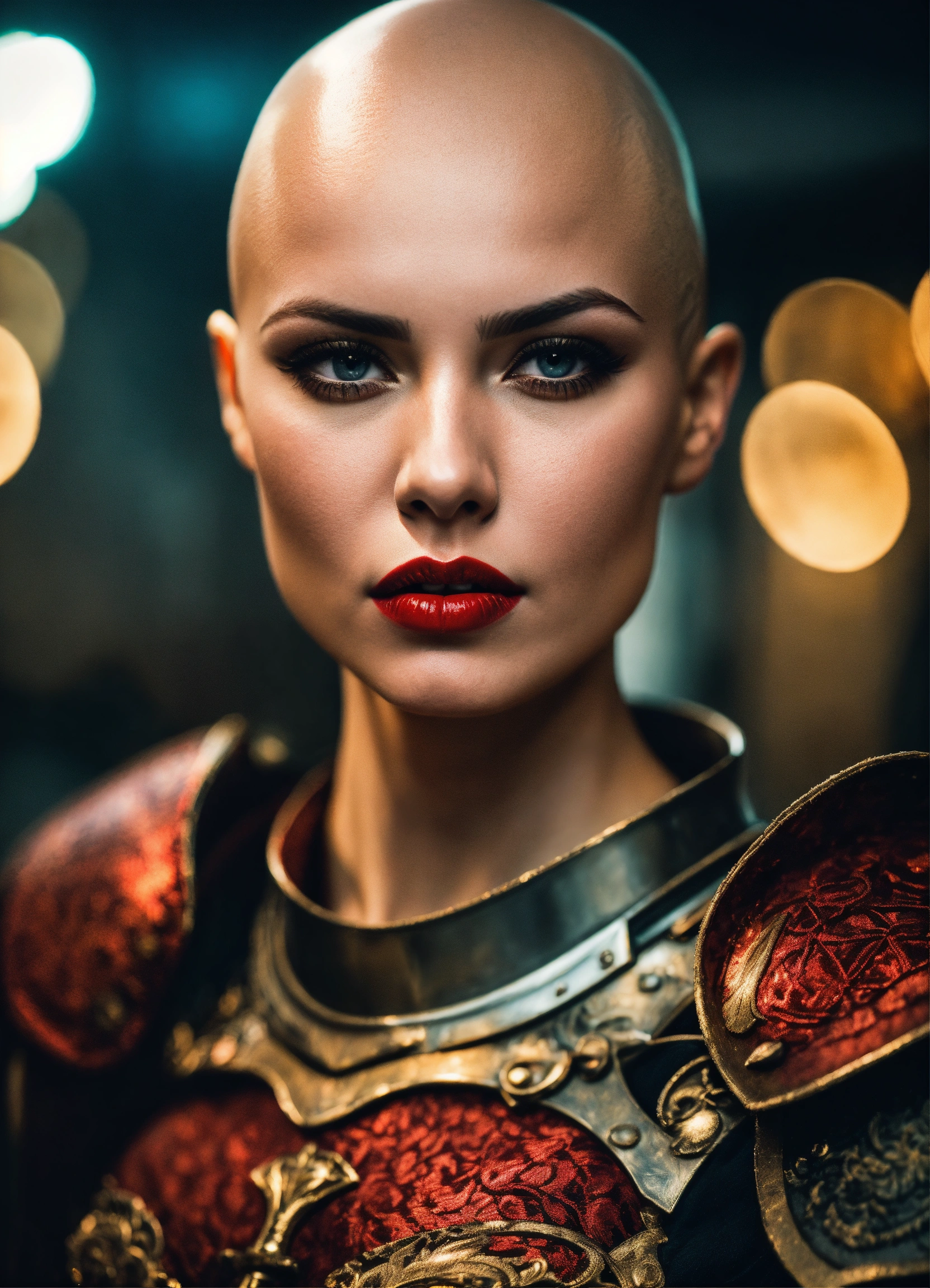 Lexica - Photo quality portrait of beautiful bald female warrior knight