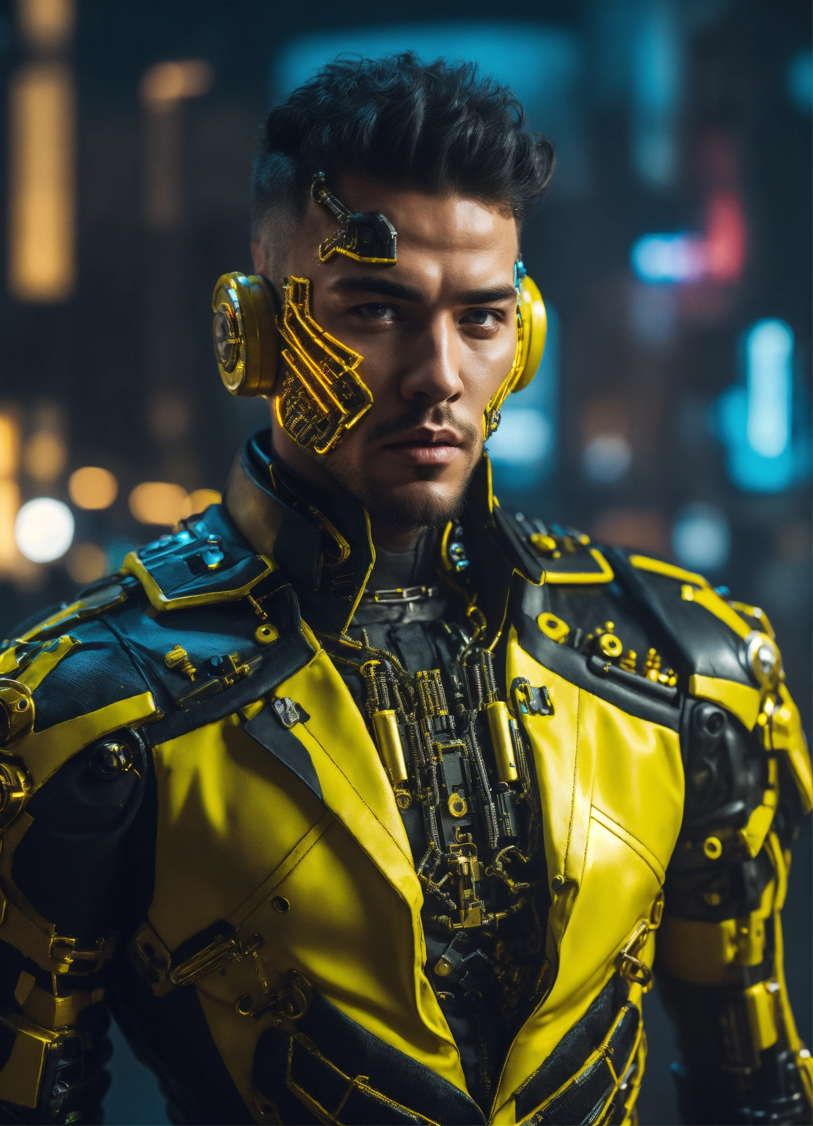 Lexica - Muscular cyberpunk cyborg with yellow cybernetic parts. Mostly ...