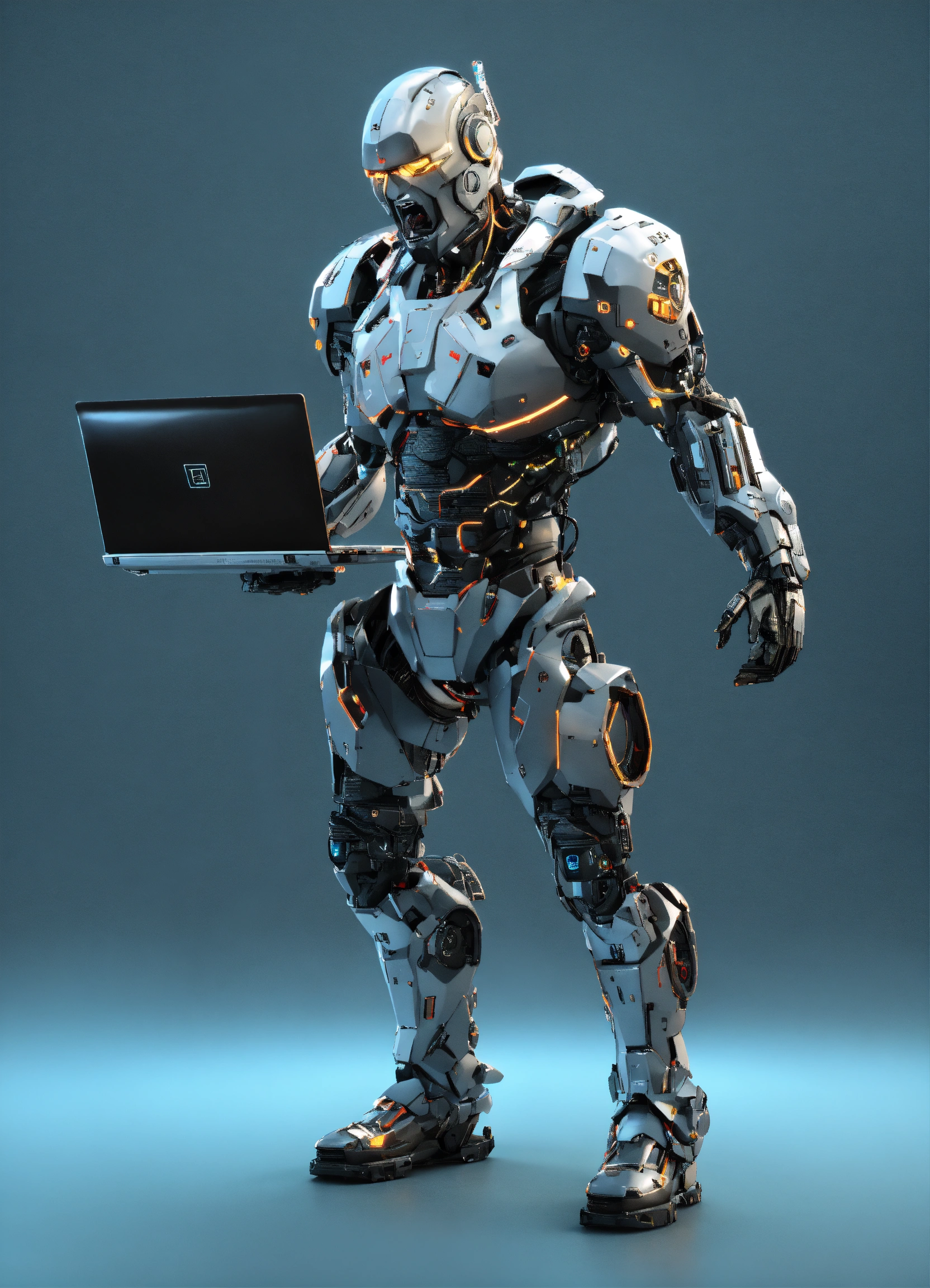 Lexica - Cyborg, 3d, full body, hold laptop, fun, screaming