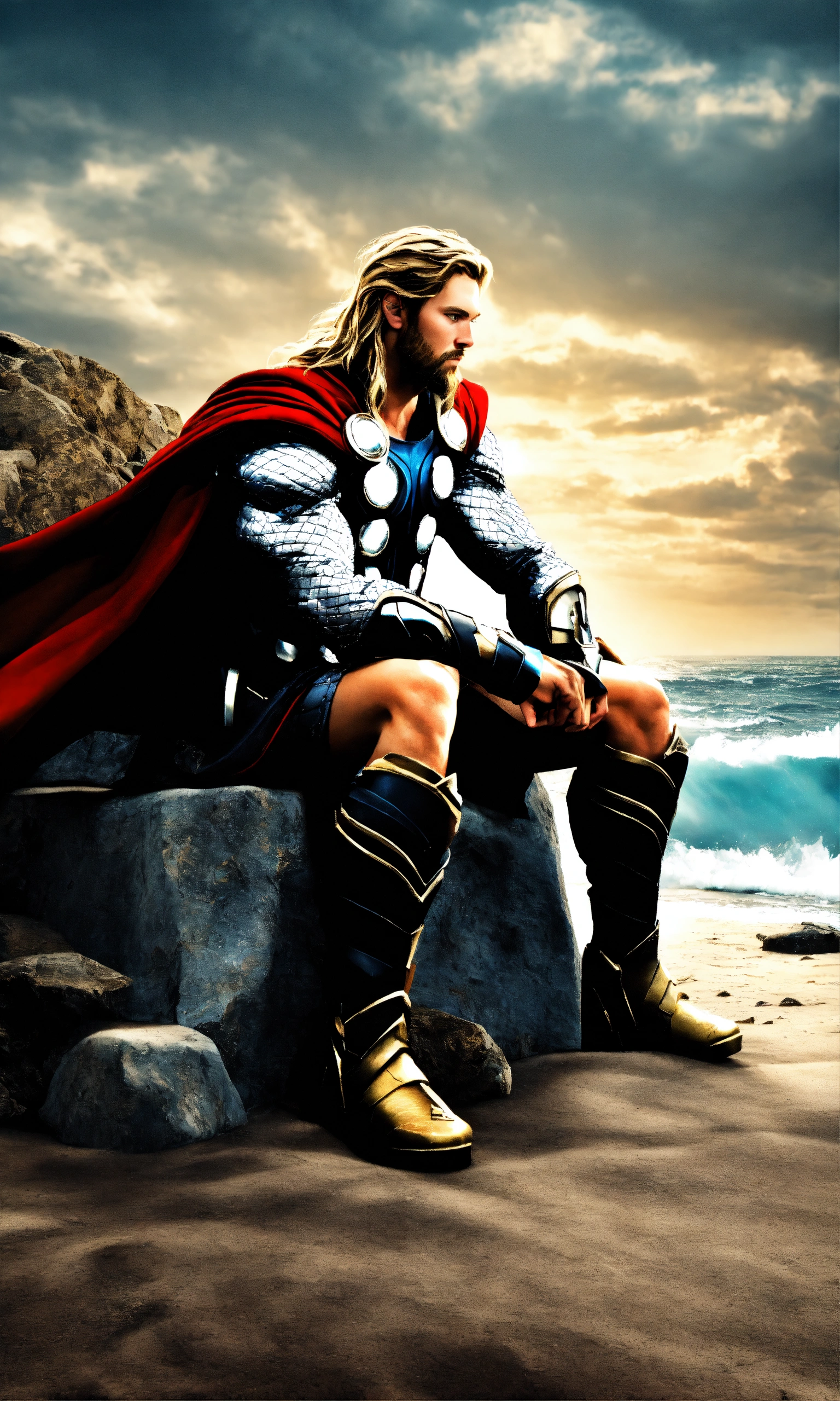 Lexica - Thor on seaside full-body, contrast background 3D render, sitting