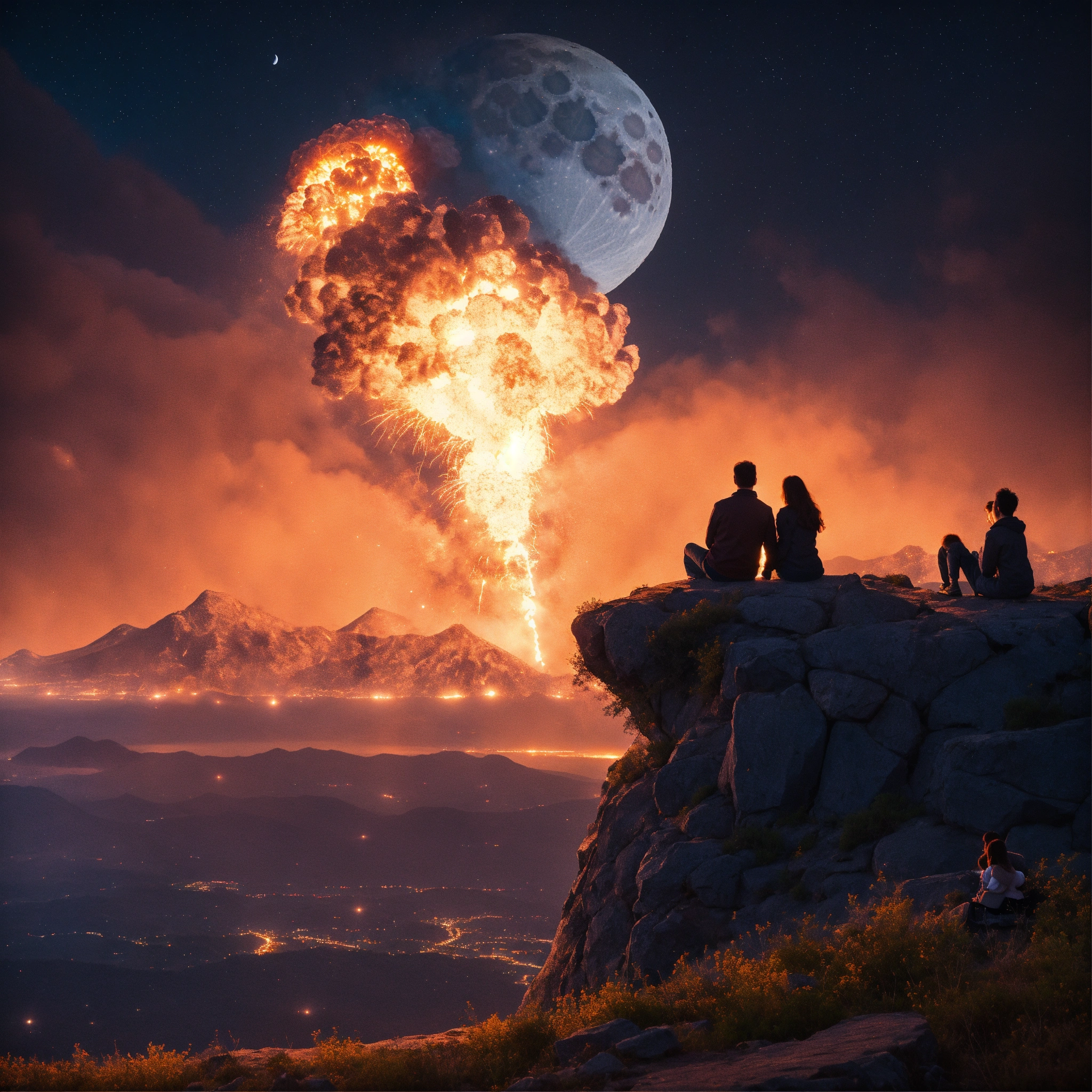 Lexica - A couple sitting on a mountain top watching the moon explode ...