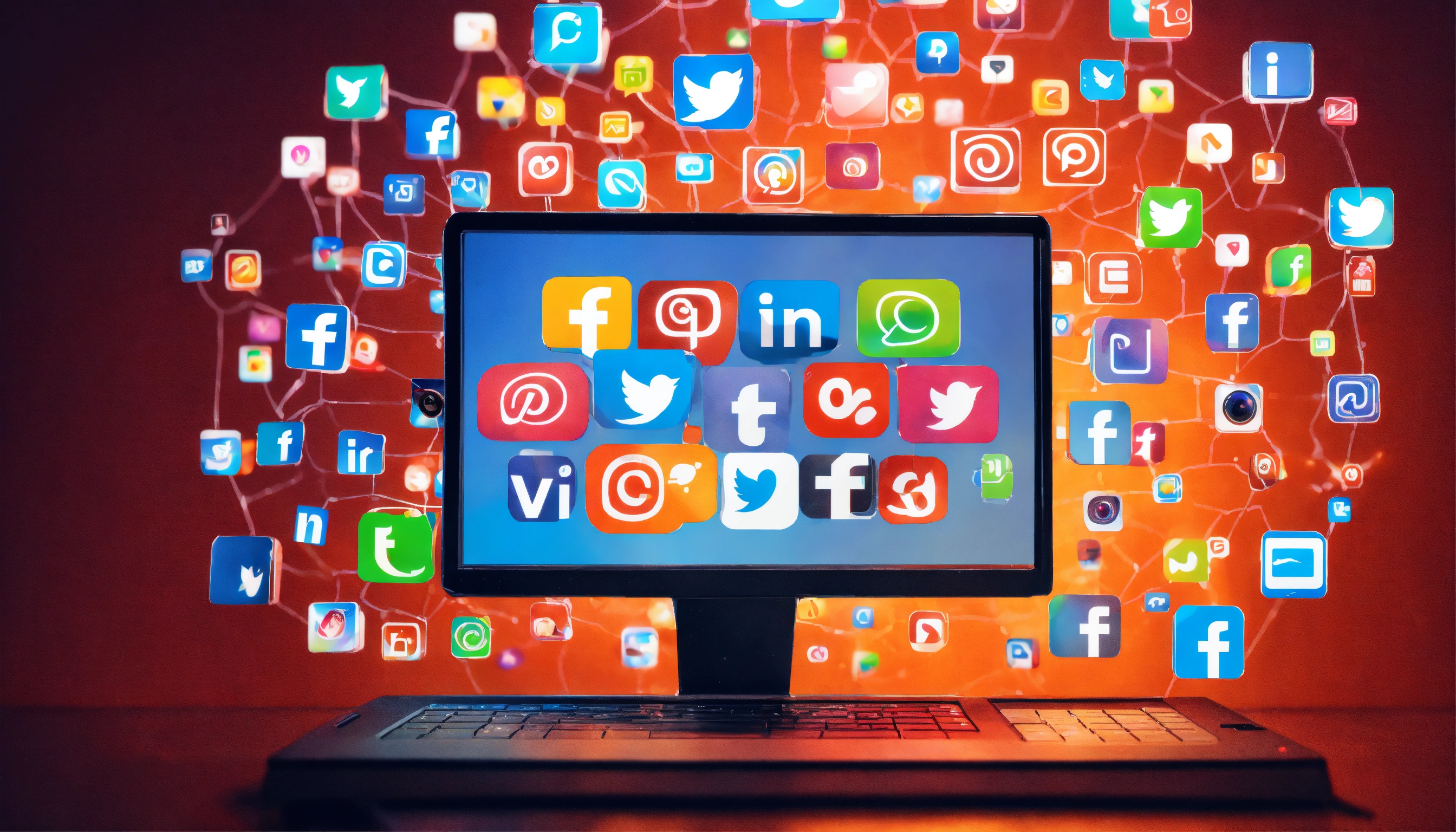 Lexica - Social media icons coming out of a computer screen.