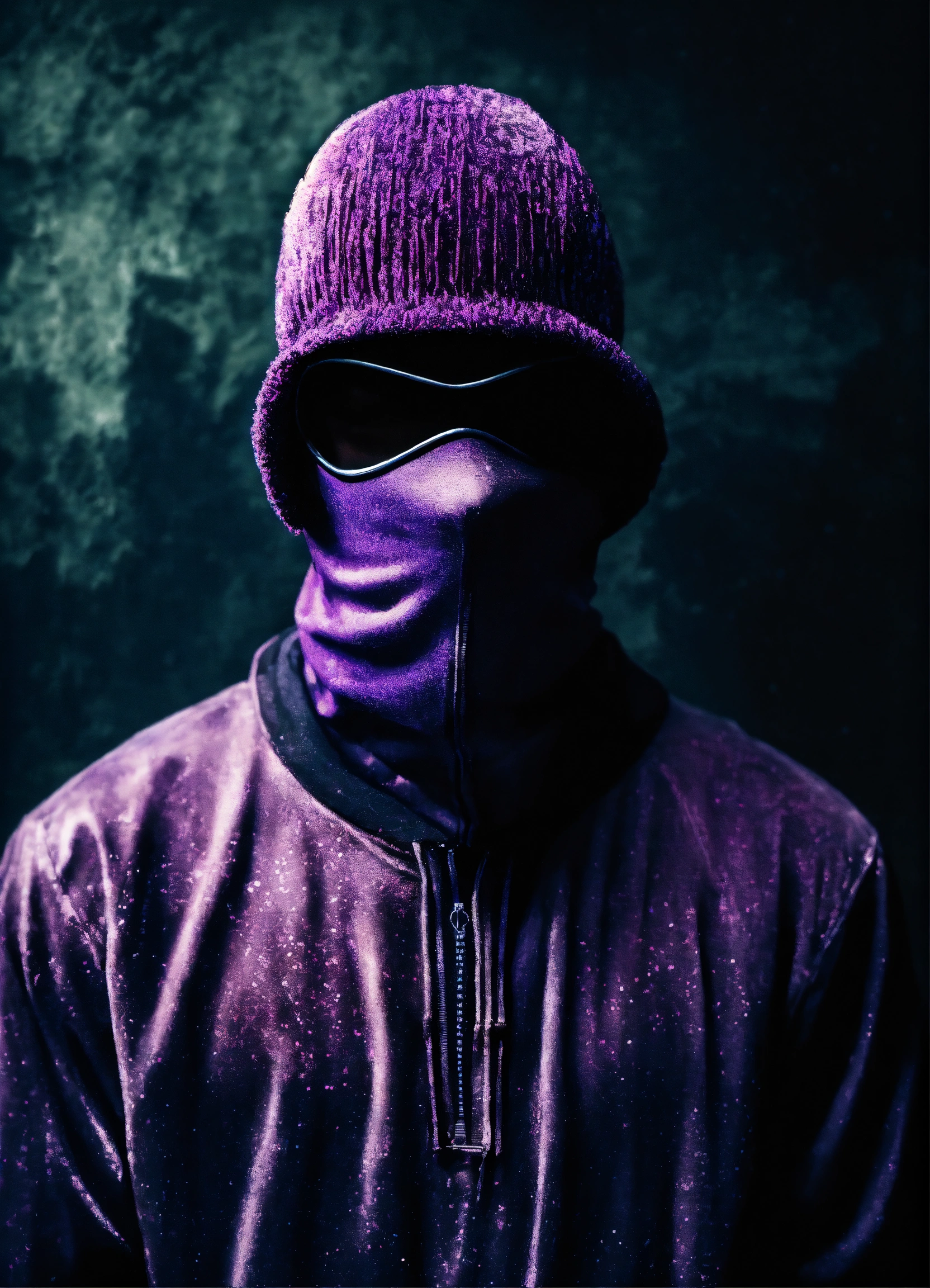 Lexica Man wearing a faded purple ski mask, image from the shoulders