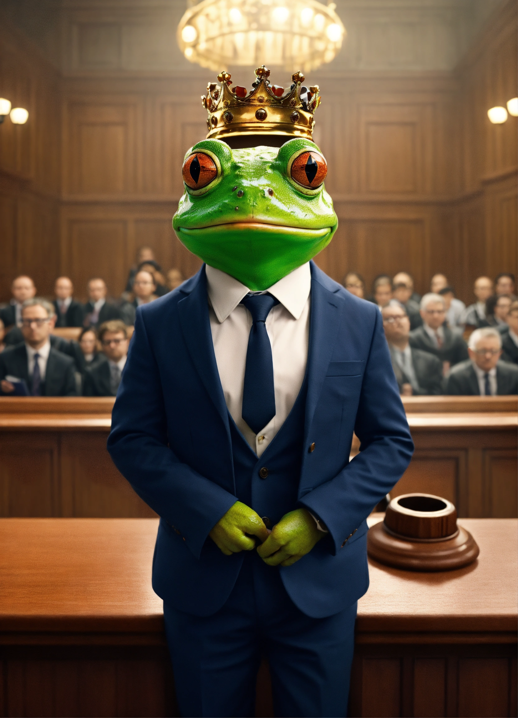 Lexica - Cute frog in suit and glasses in crown court defending warm in ...