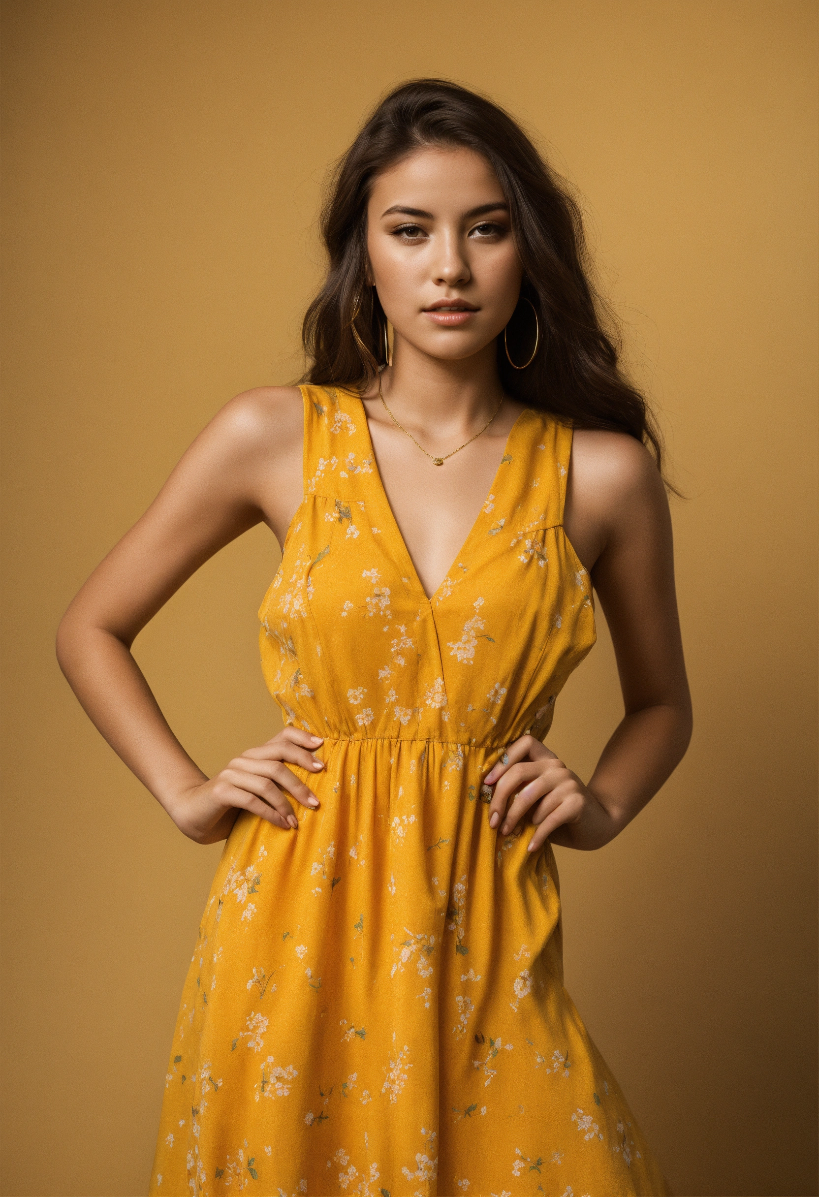 Lexica - Young woman in a yellow sundress standing against a light ...