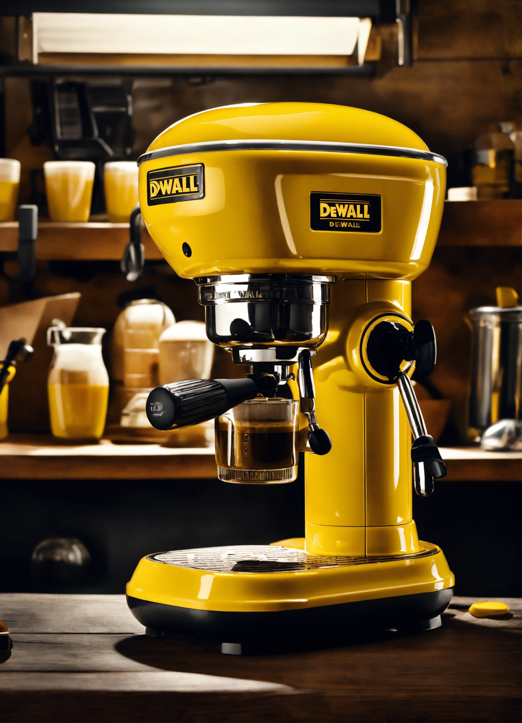 Lexica A surreal worksite grade espresso machine designed by DeWalt in its iconic black and yellow scheme. Product ad retro. stunning design