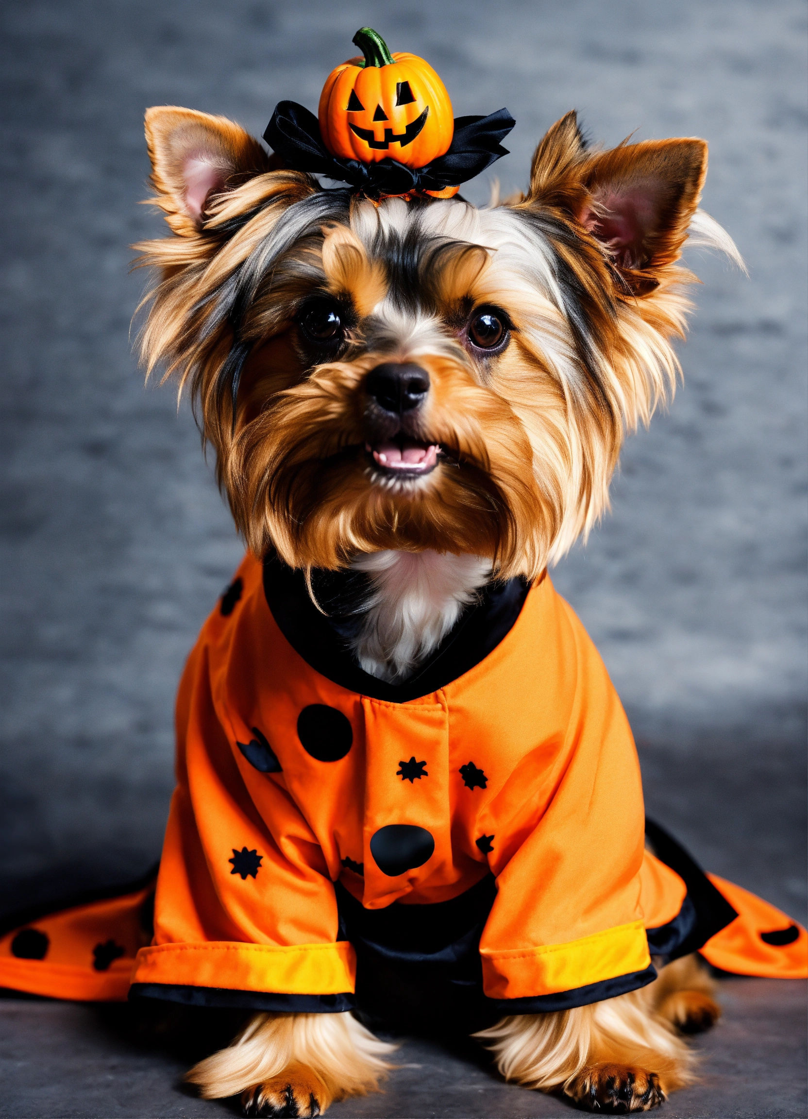 Lexica - Female yorkie dog with Halloween outfit
