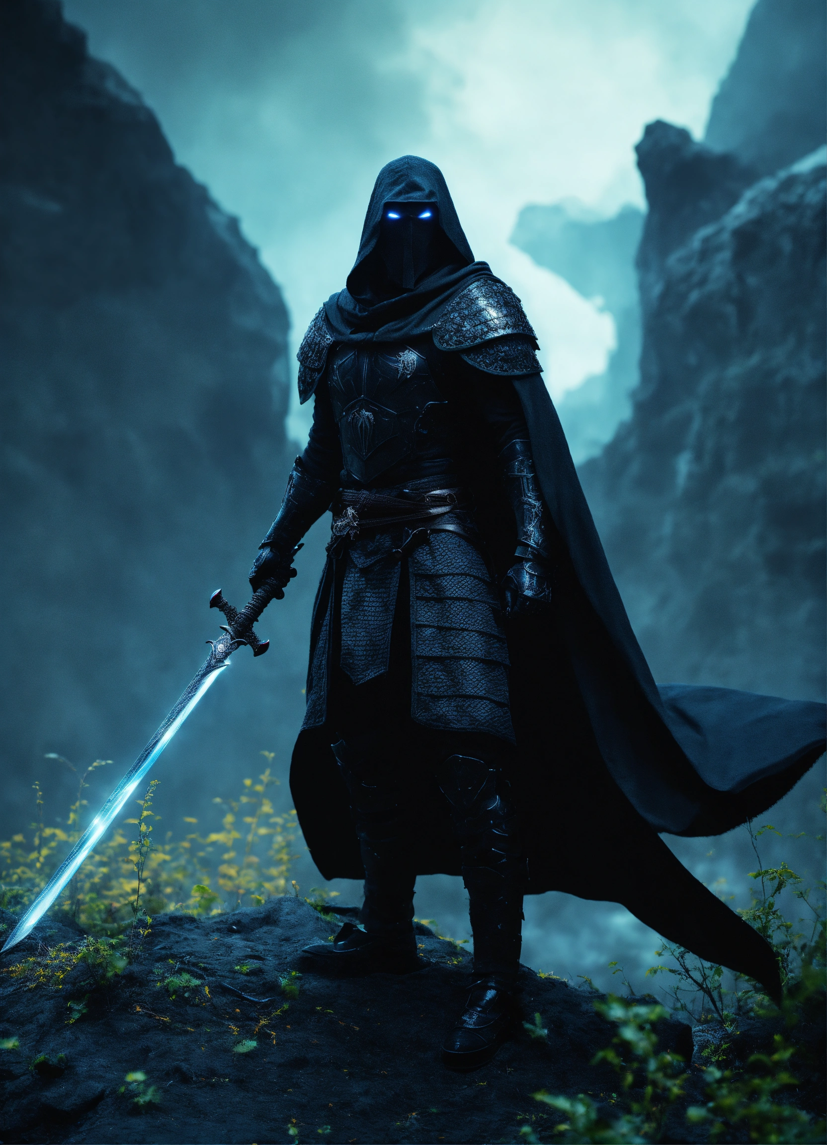 Lexica - AI augmented Black warrior with sword and black cloak in dark ...