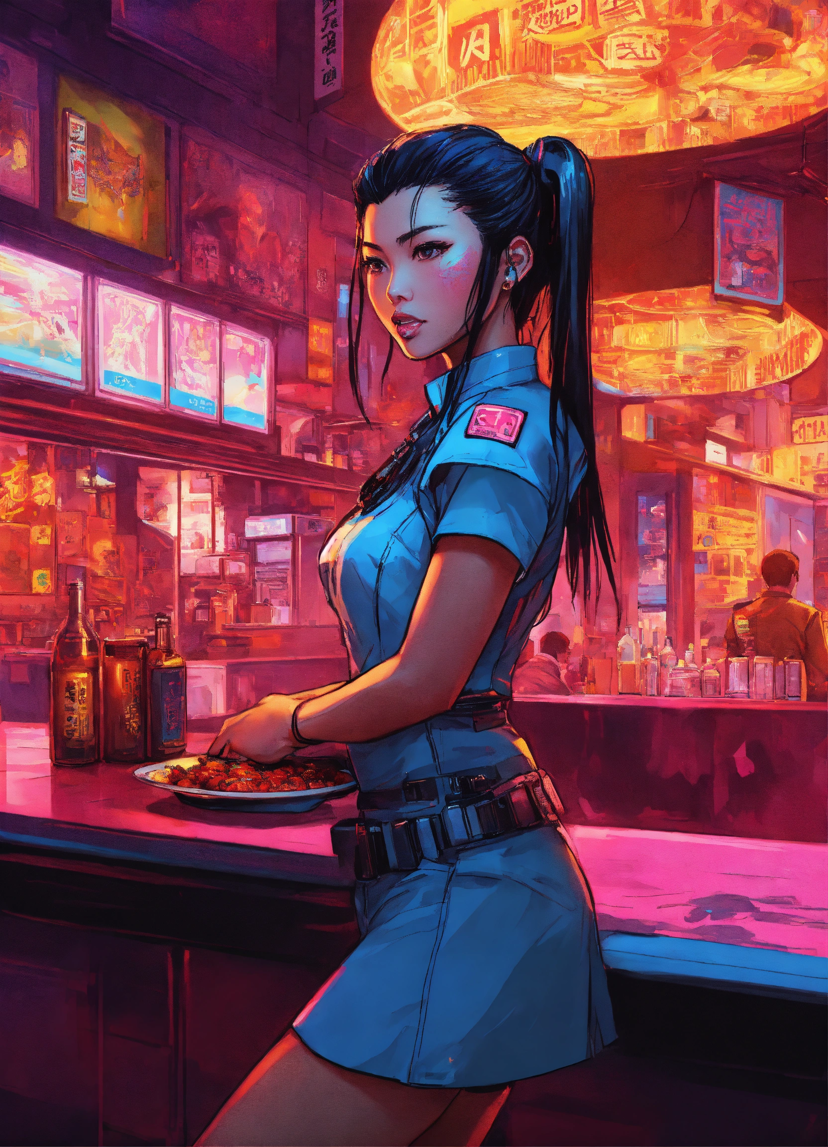 Lexica Cyberpunk Japanese waitress weaning neon pop clothing , in a