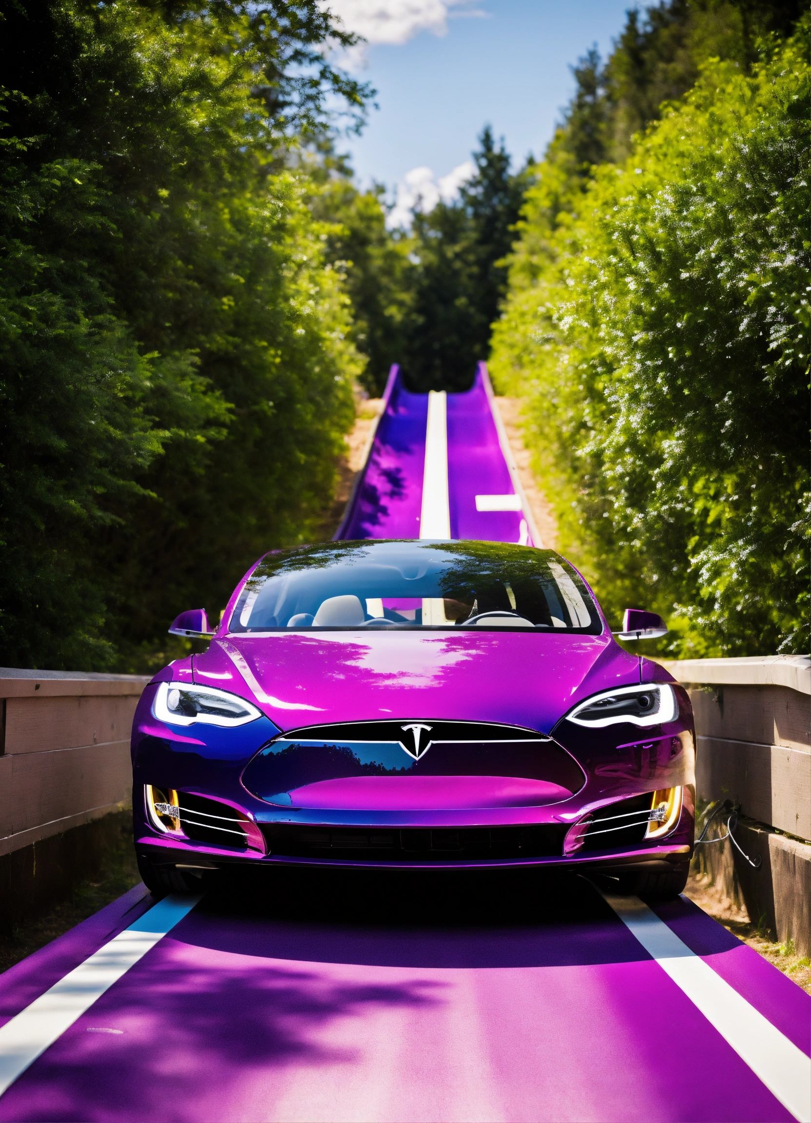 Lexica - Happy purple tesla with electricity sunny day going down a slide