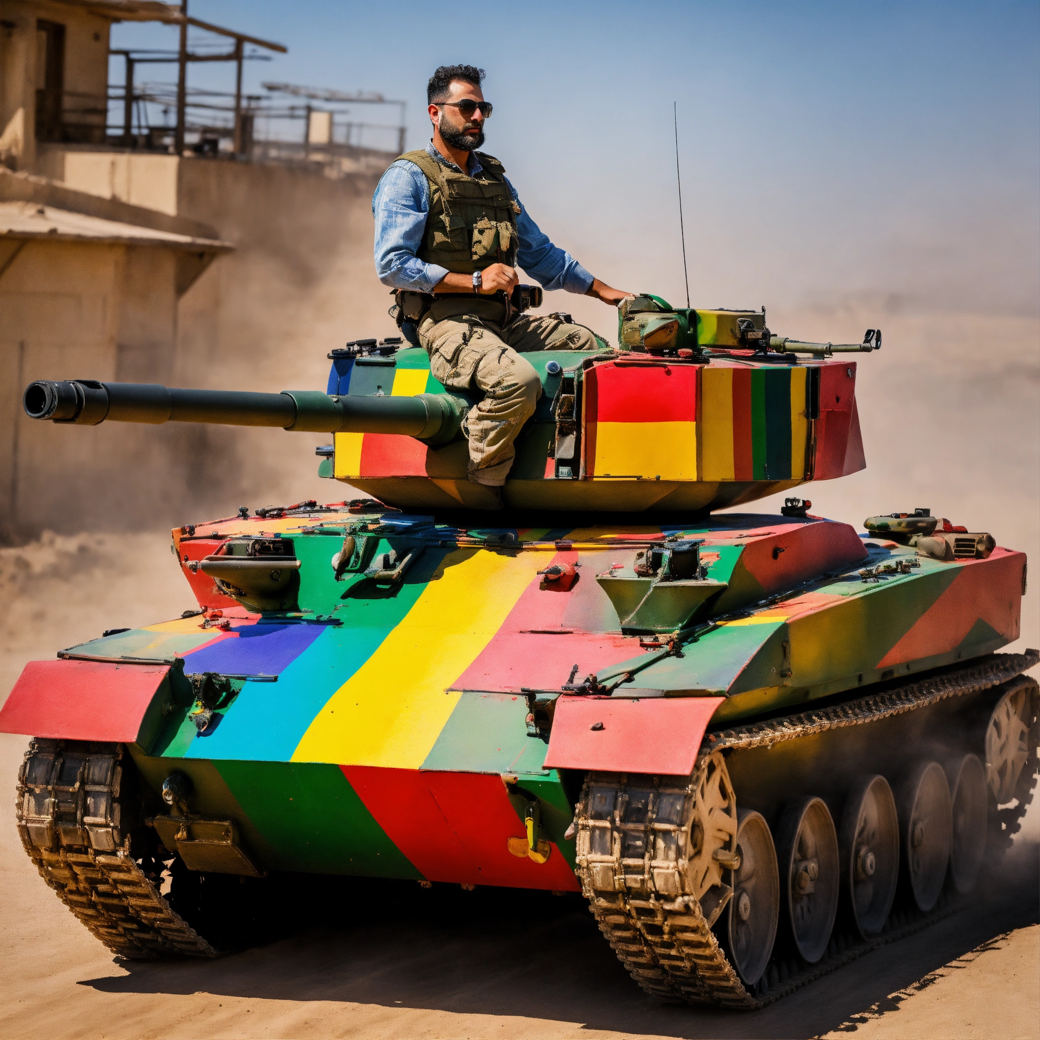 Lexica - A picture of Ofer Nissim riding a tank painted in the colors ...