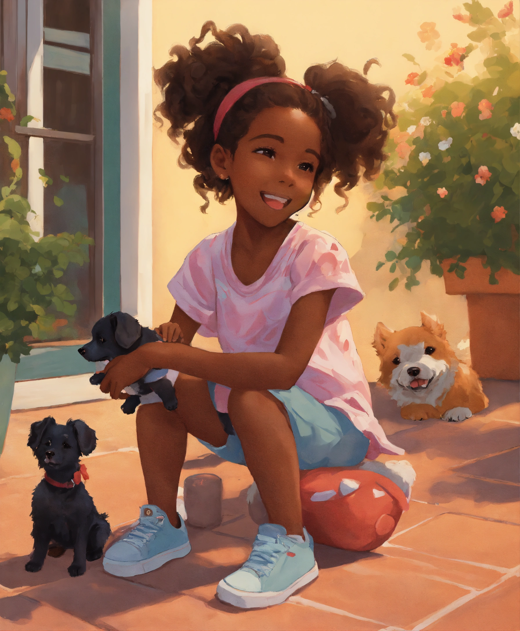 Lexica - A happy little black girl playing with toys on the patio. dog ...