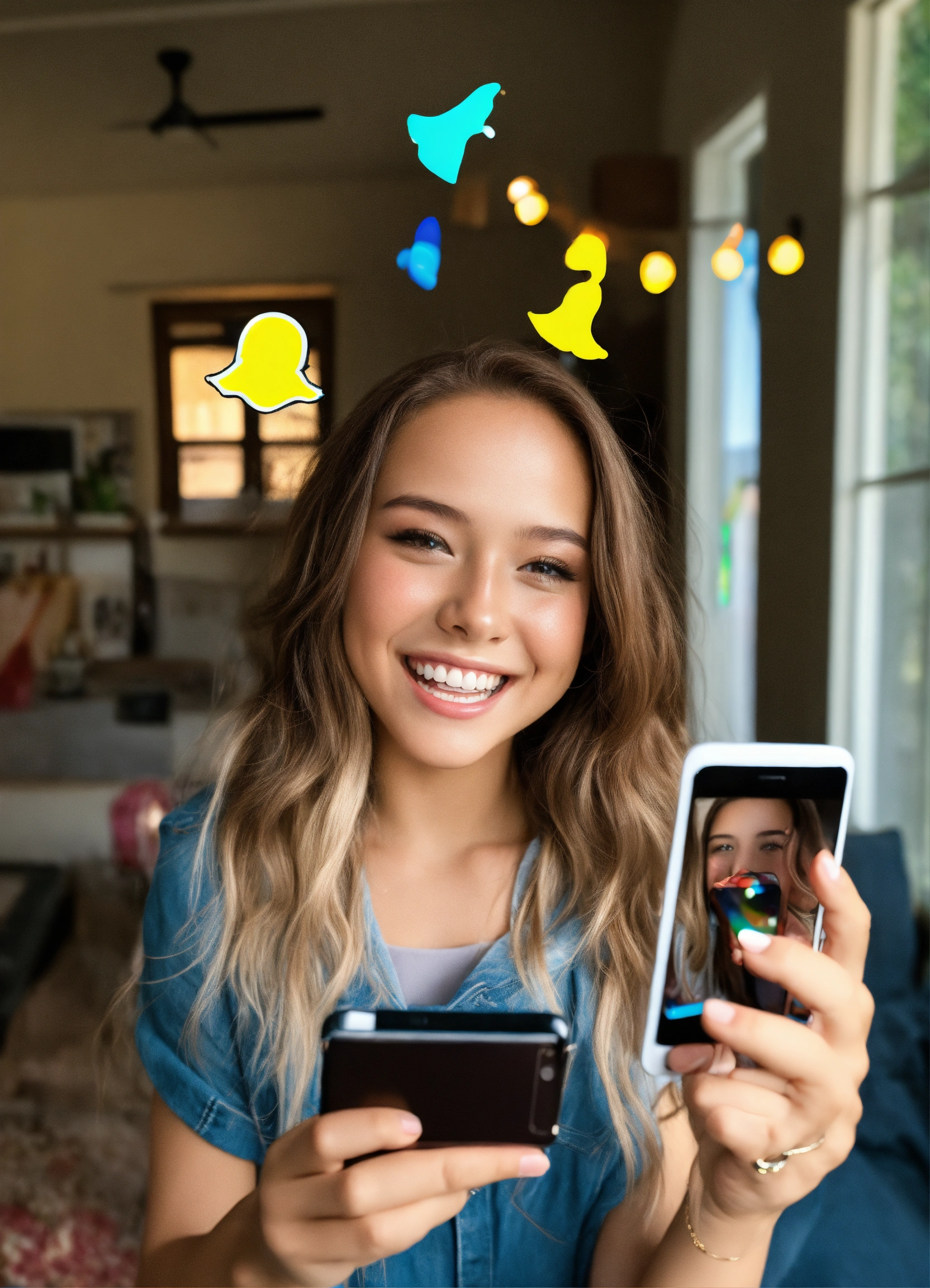 Lexica - Happy girl holding up snapchat and using filters