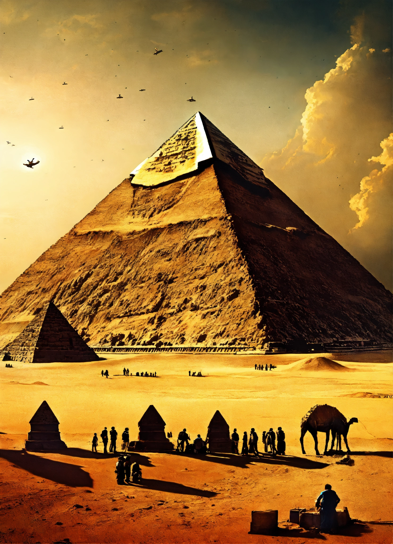 Lexica - Aliens building the great pyramid , historic paint