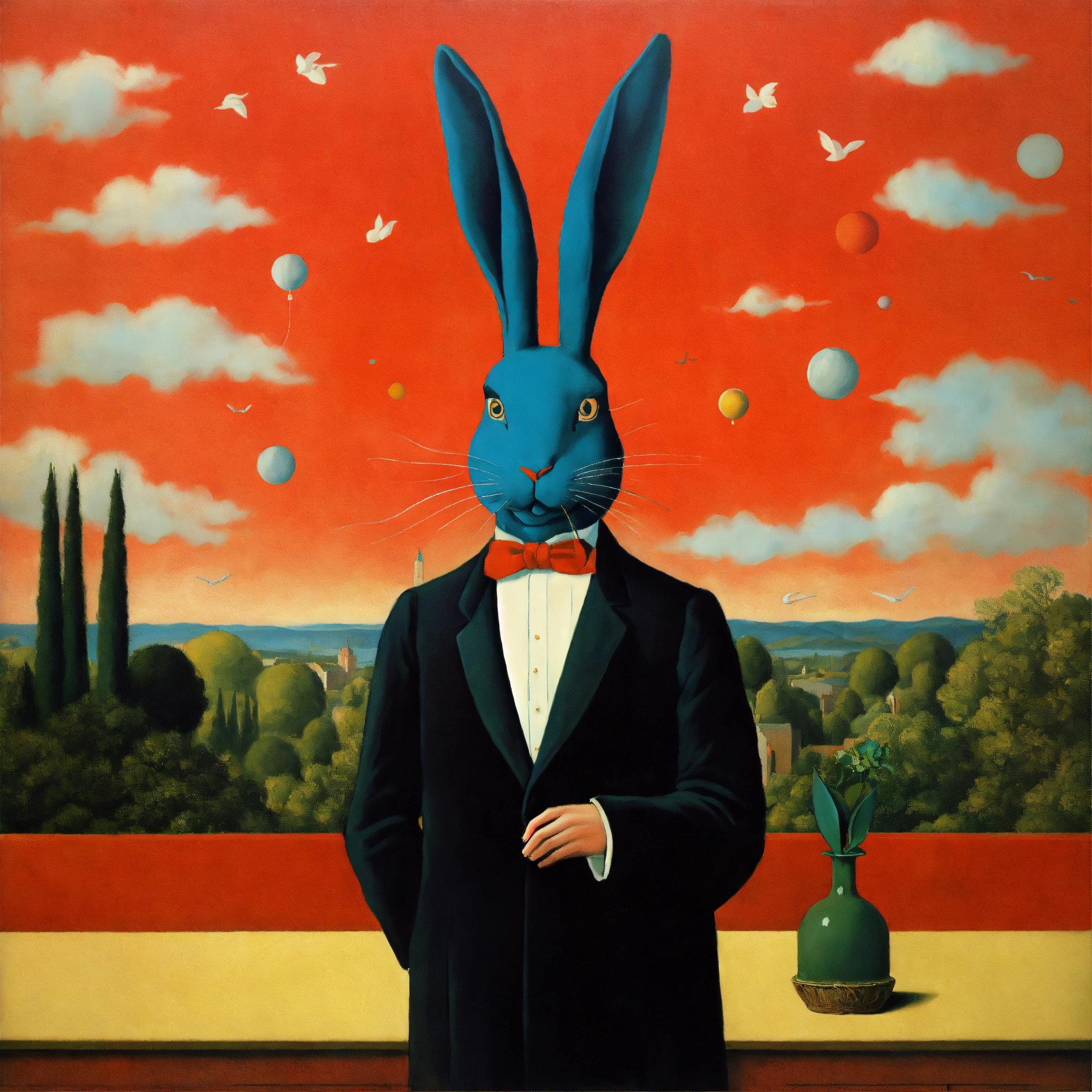 Lexica - Magician, painted by Rene Magritte with big magic rabbit