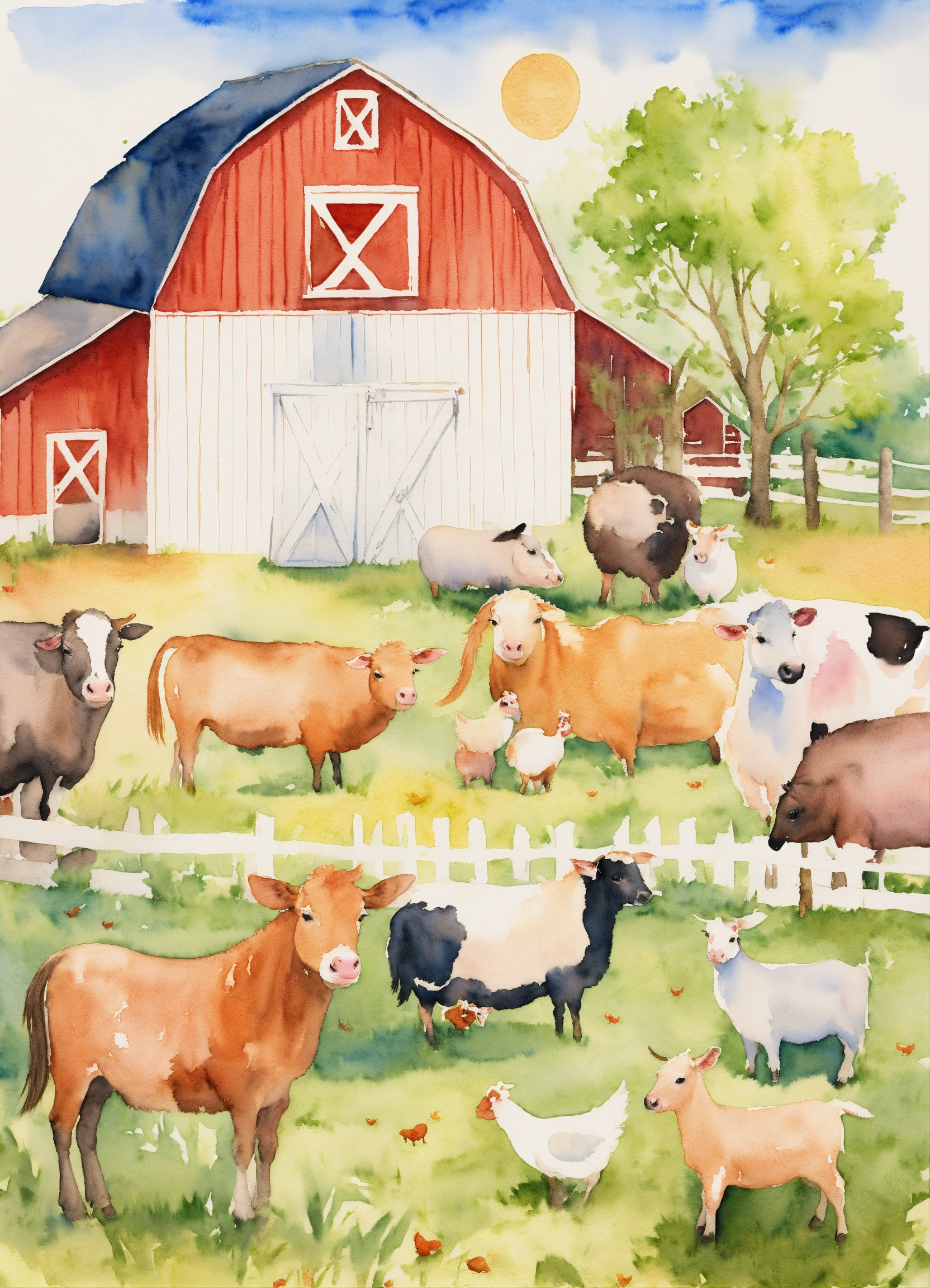 Lexica - A colorful watercolor illustration of farm animals for kids wall.