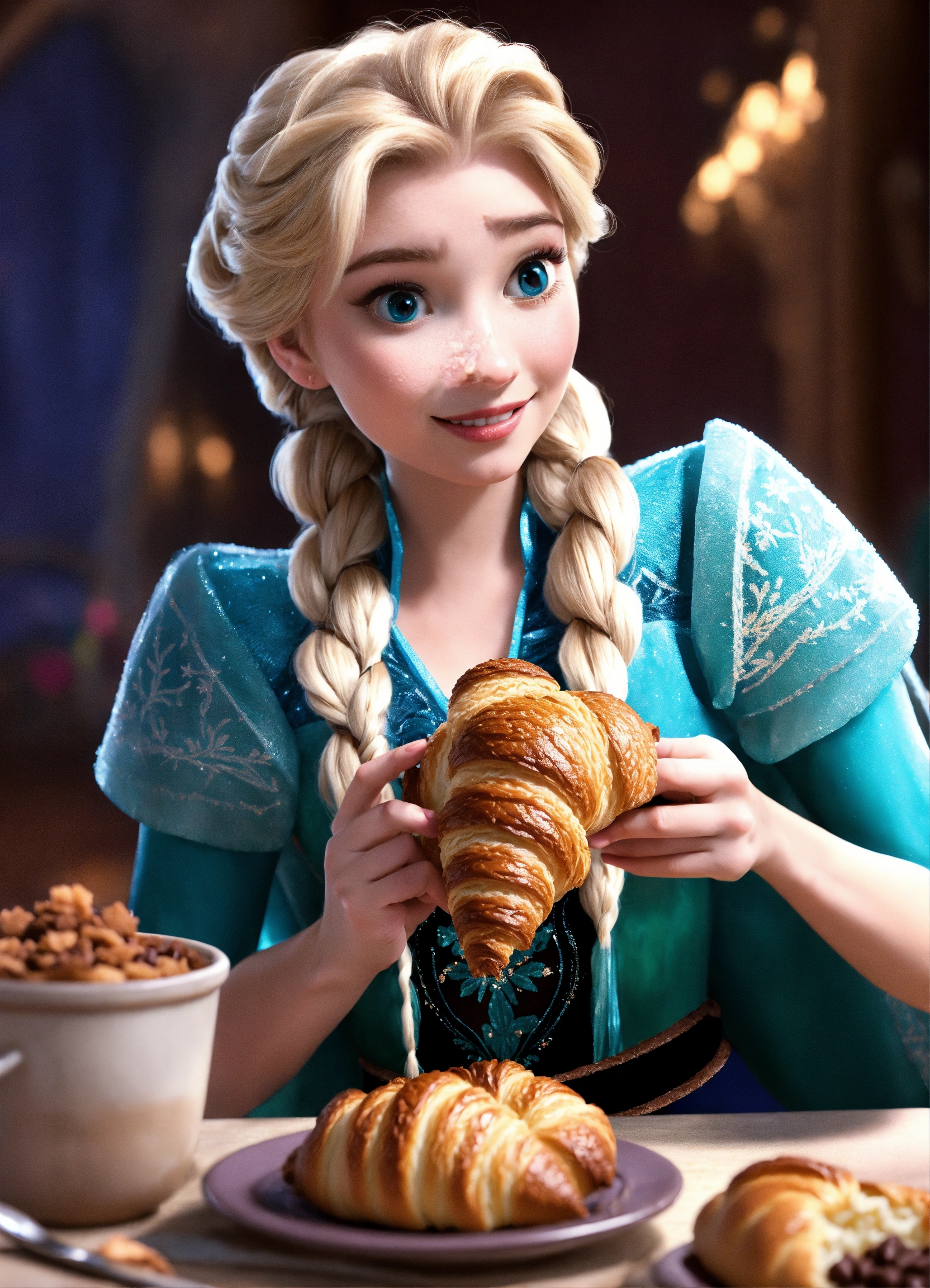 Lexica - Elsa eating a chocolate croissant from the disney movie frozen