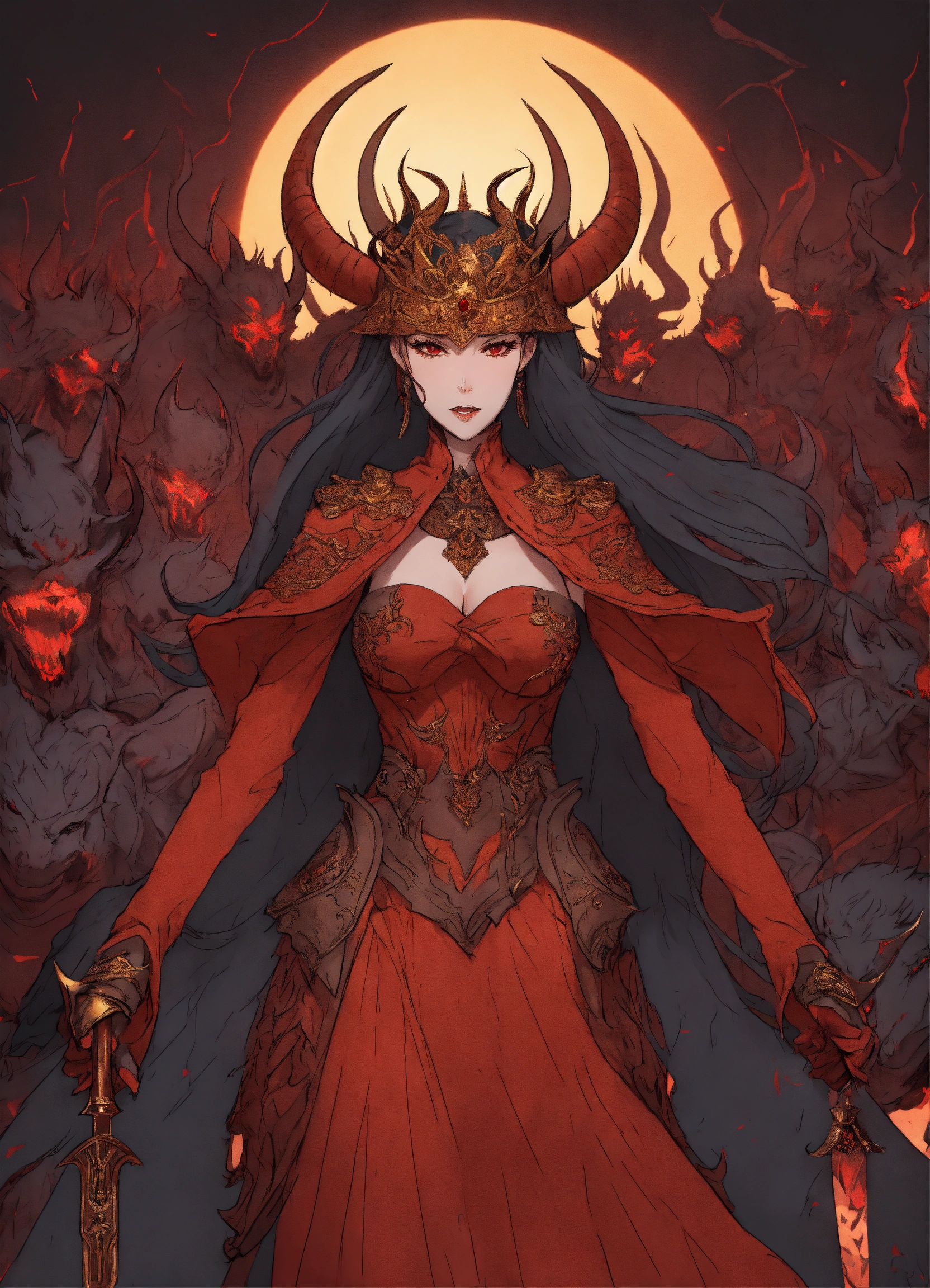 Lexica - Female demon queen, full scene, leading an army of demons to war