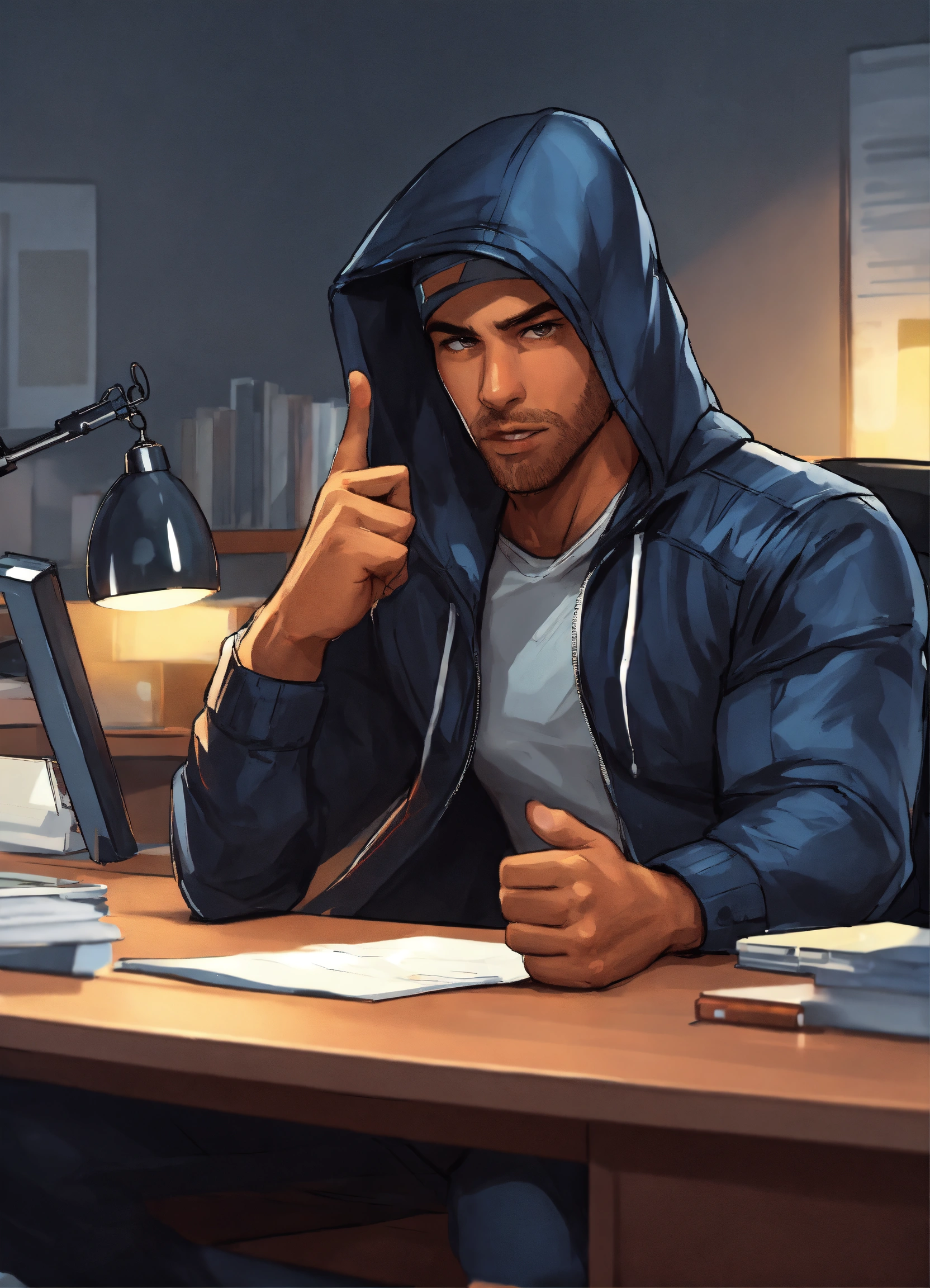 Lexica - Cartoon style man sitting on office desk with the hood on the ...