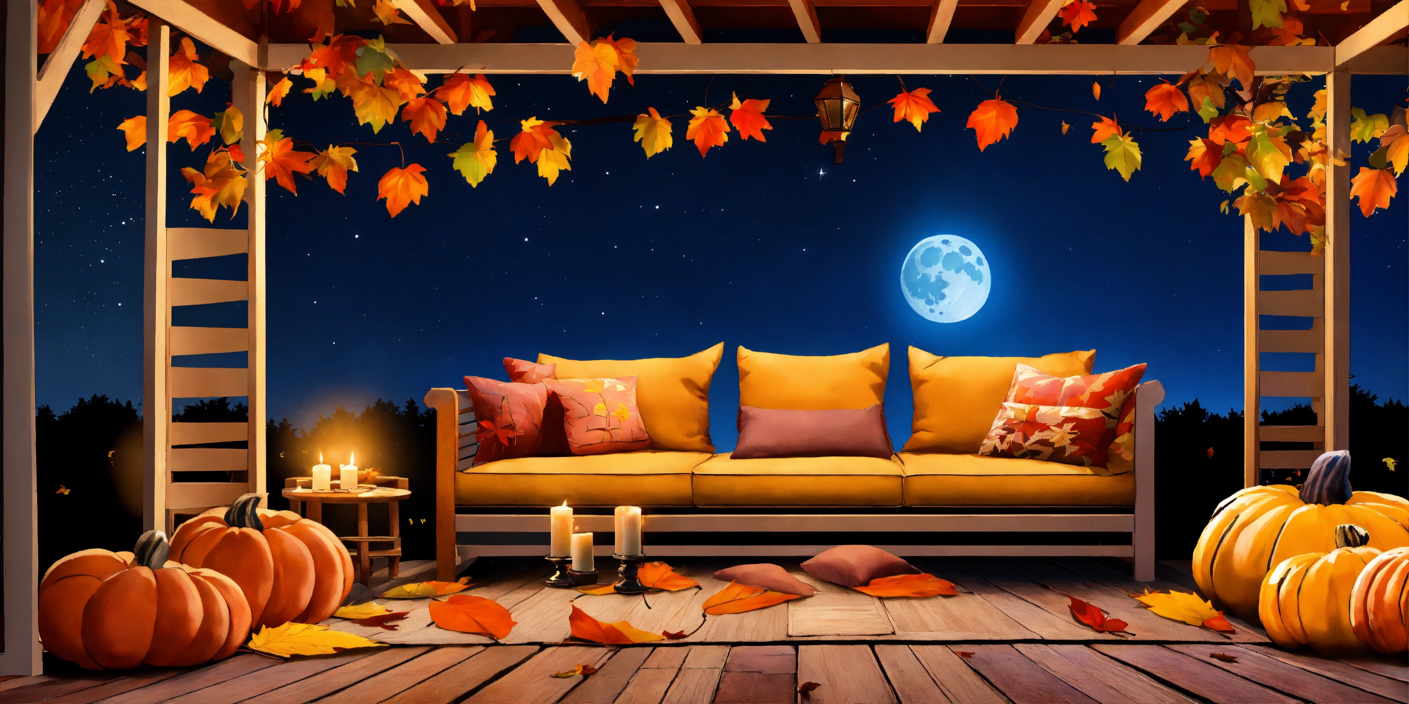 Lexica - Fall theme patio, big comfy couch, fluffy rug, fall leaves ...