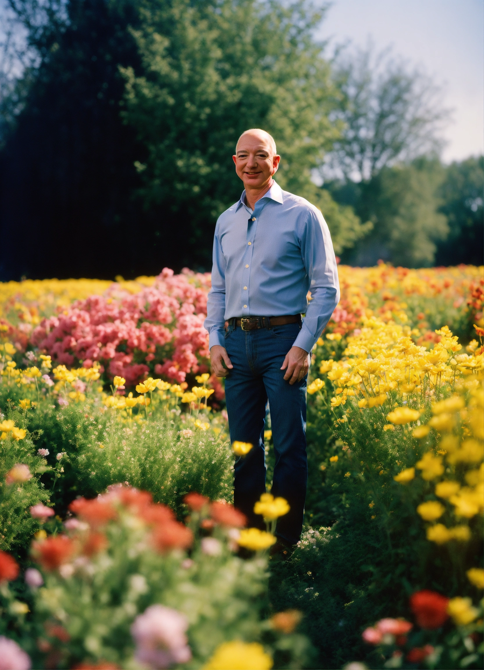 Lexica - Happy Jeff Bezos standing in a beautiful field of flowers ...