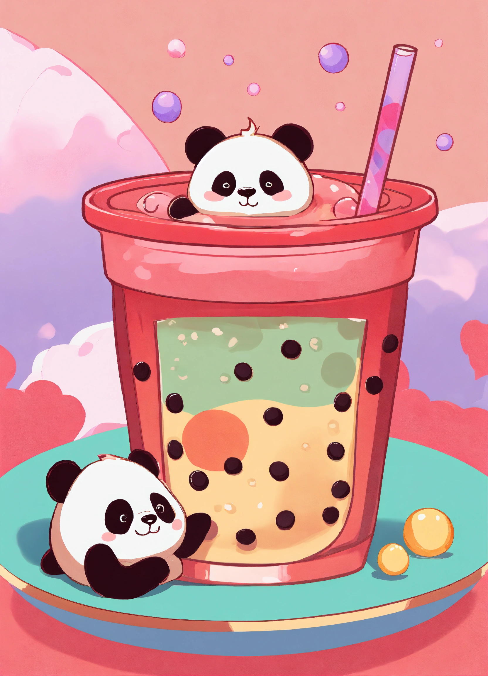 Lexica - Cute bubble tea cup and adorable pandas in kawaii style.