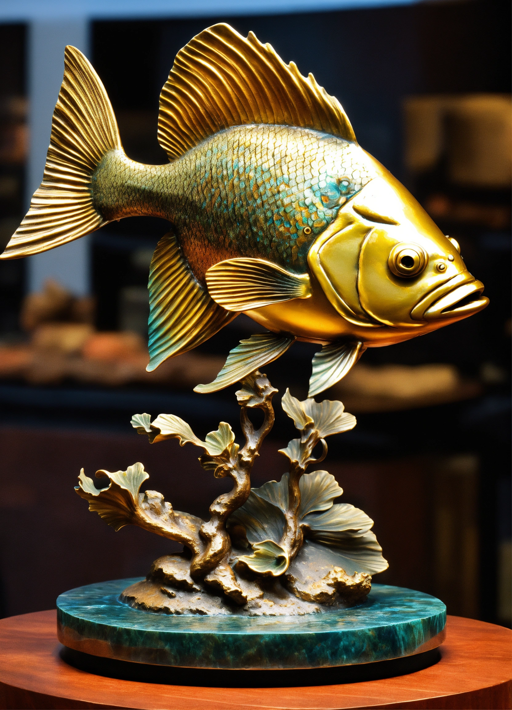 Lexica - A sculpture of beautiful exotic fish bronze on top of a base ...