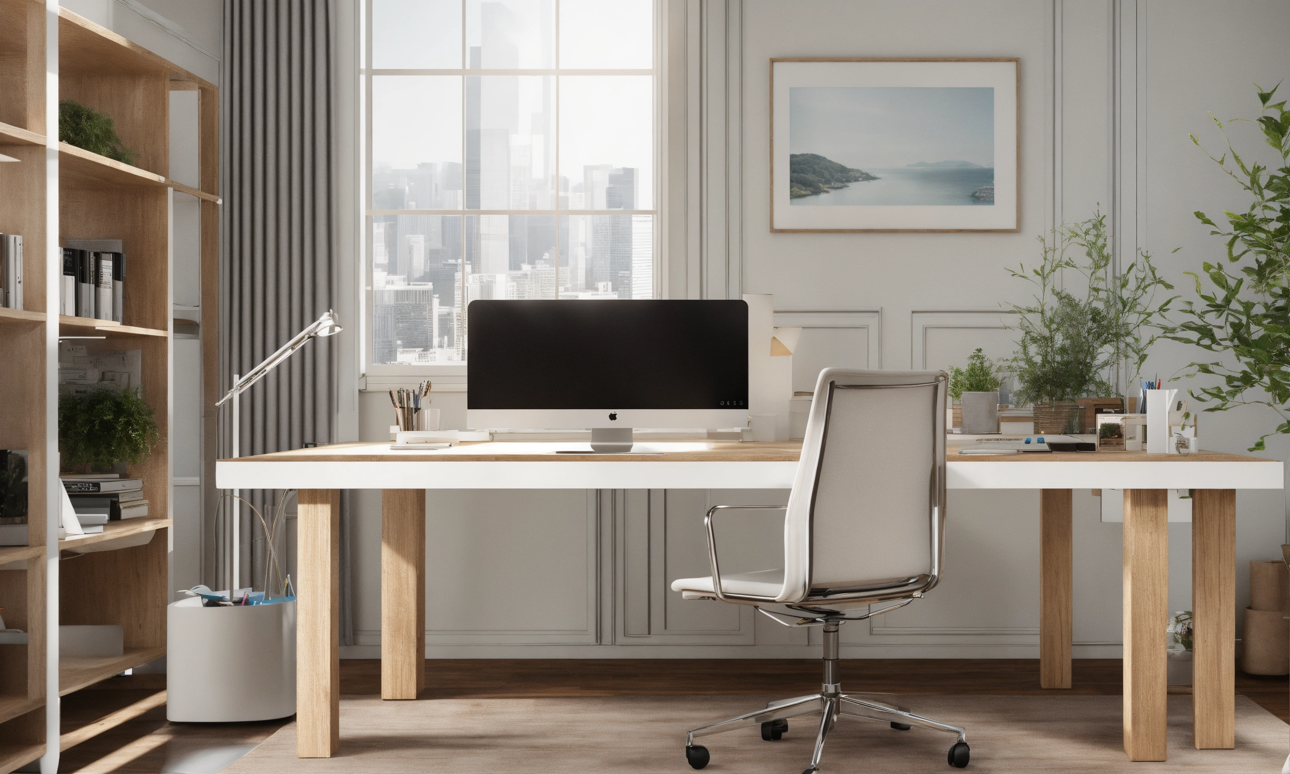 Lexica White wood office desk, official, computer, close up, modern