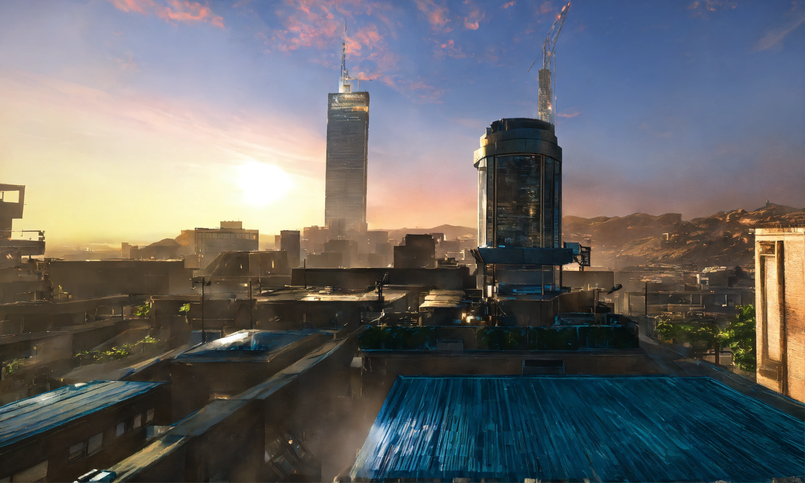 Lexica - Skyscraper rooftop, call of duty, blue sky, bright