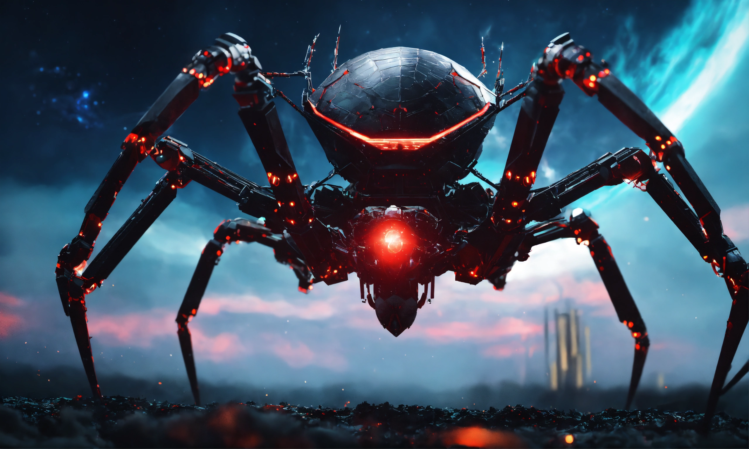 Lexica - Gigantic black armored robotic spider with red glowing eyes ...