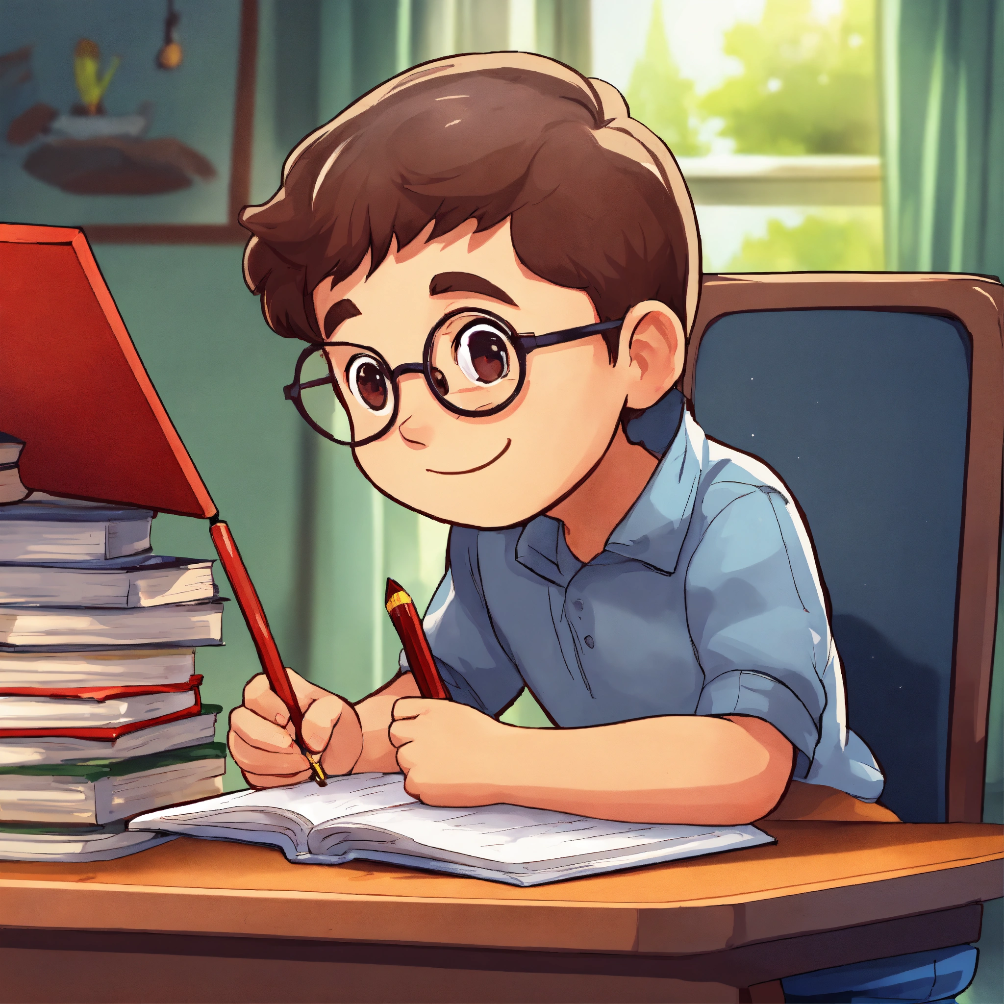 Lexica - Cartoon boy studying, round sticker icon